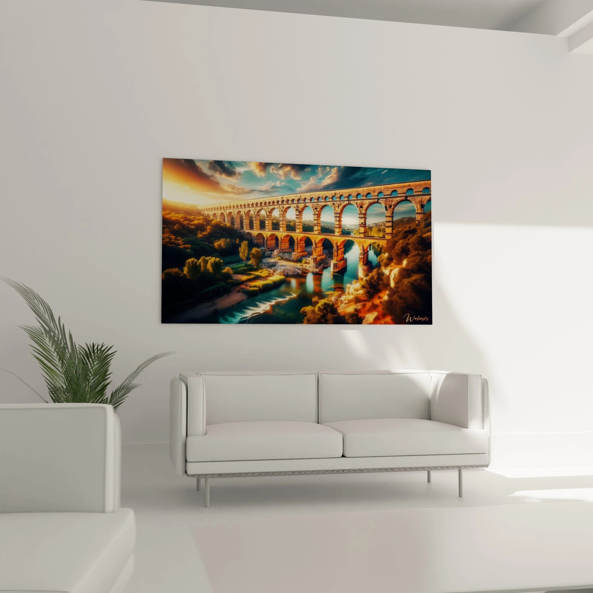 Tableau paysage montrant une structure architecturale en arc, surplombant un cours d’eau calme, avec du vert feuillage, du bleu profond et des effets de lumière dorée.