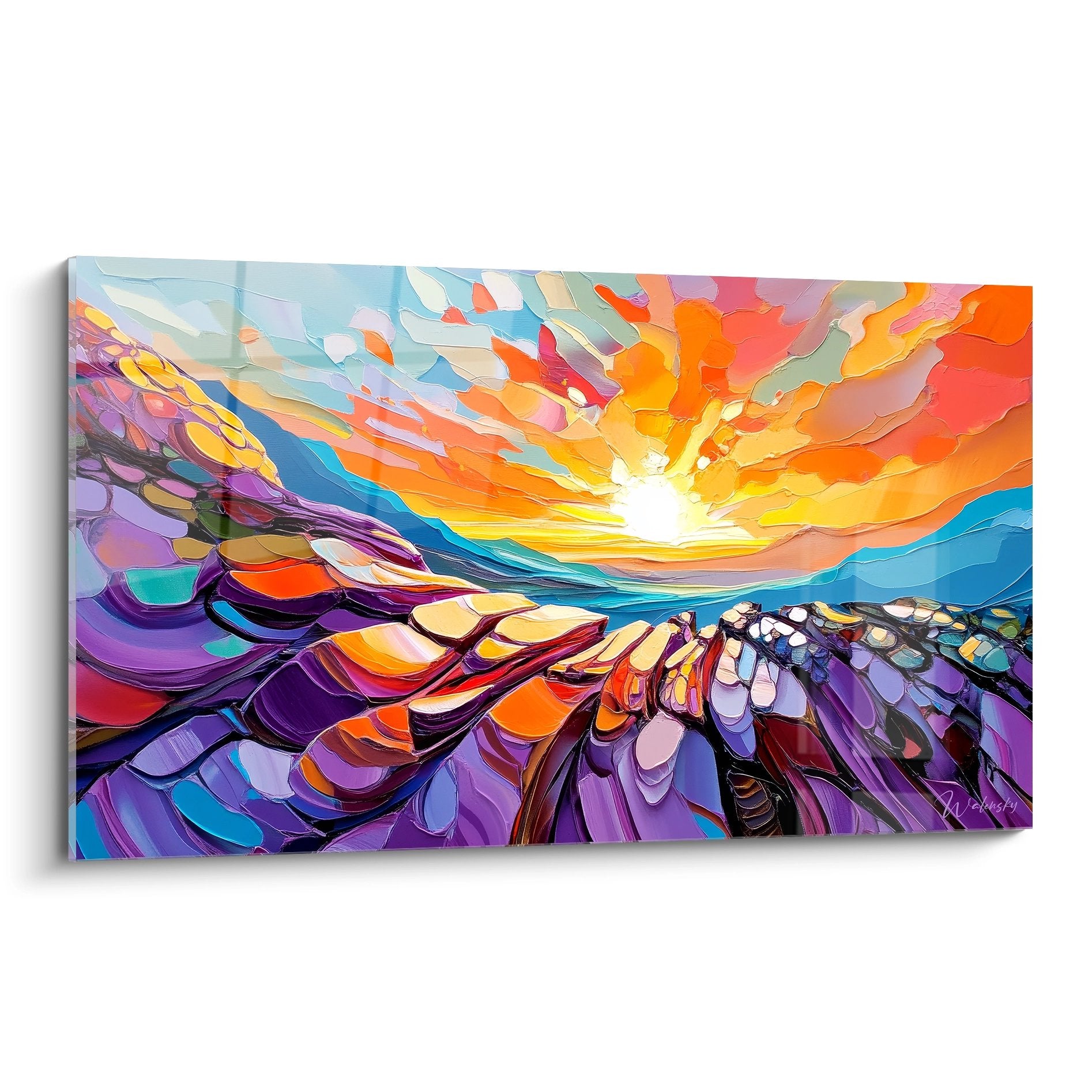 Tableau mural coucher de soleil abstrait aux couleurs vibrantes orange violet pour décoration moderne