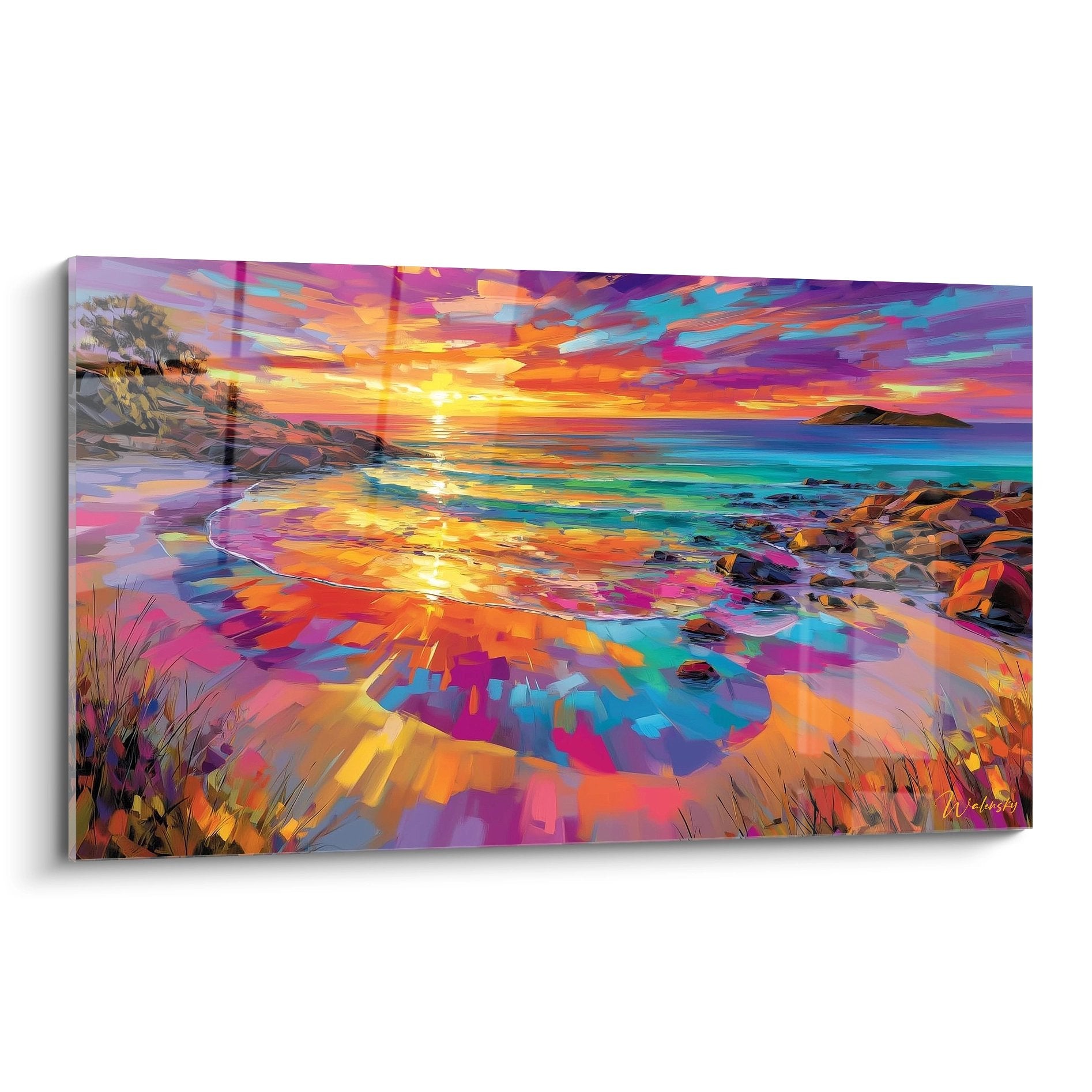 Tableau mural coucher de soleil coloré sur plage tropicale aux tons vibrants roses oranges