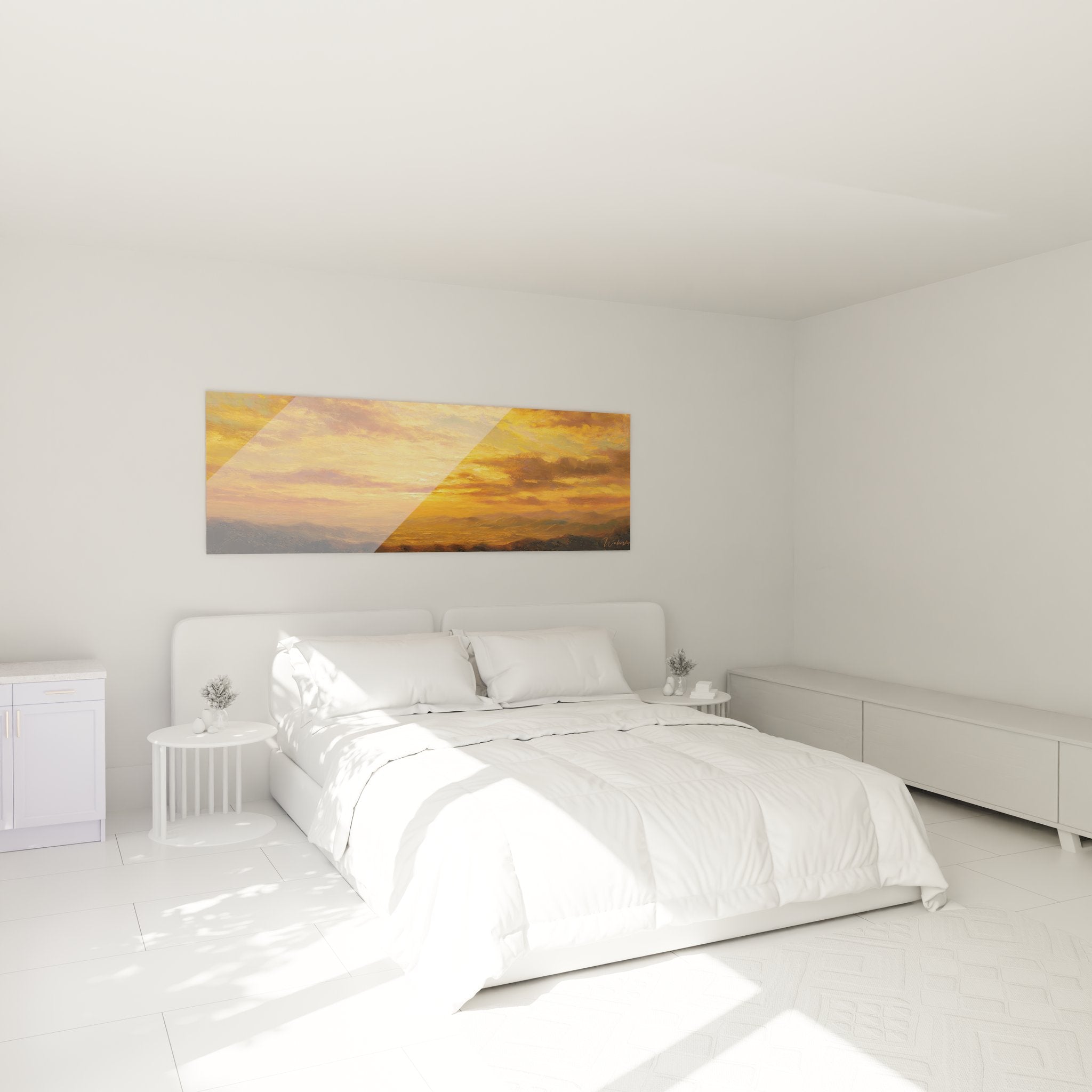 Tableau coucher de soleil panoramique décorant une chambre moderne avec ambiance chaleureuse et apaisante