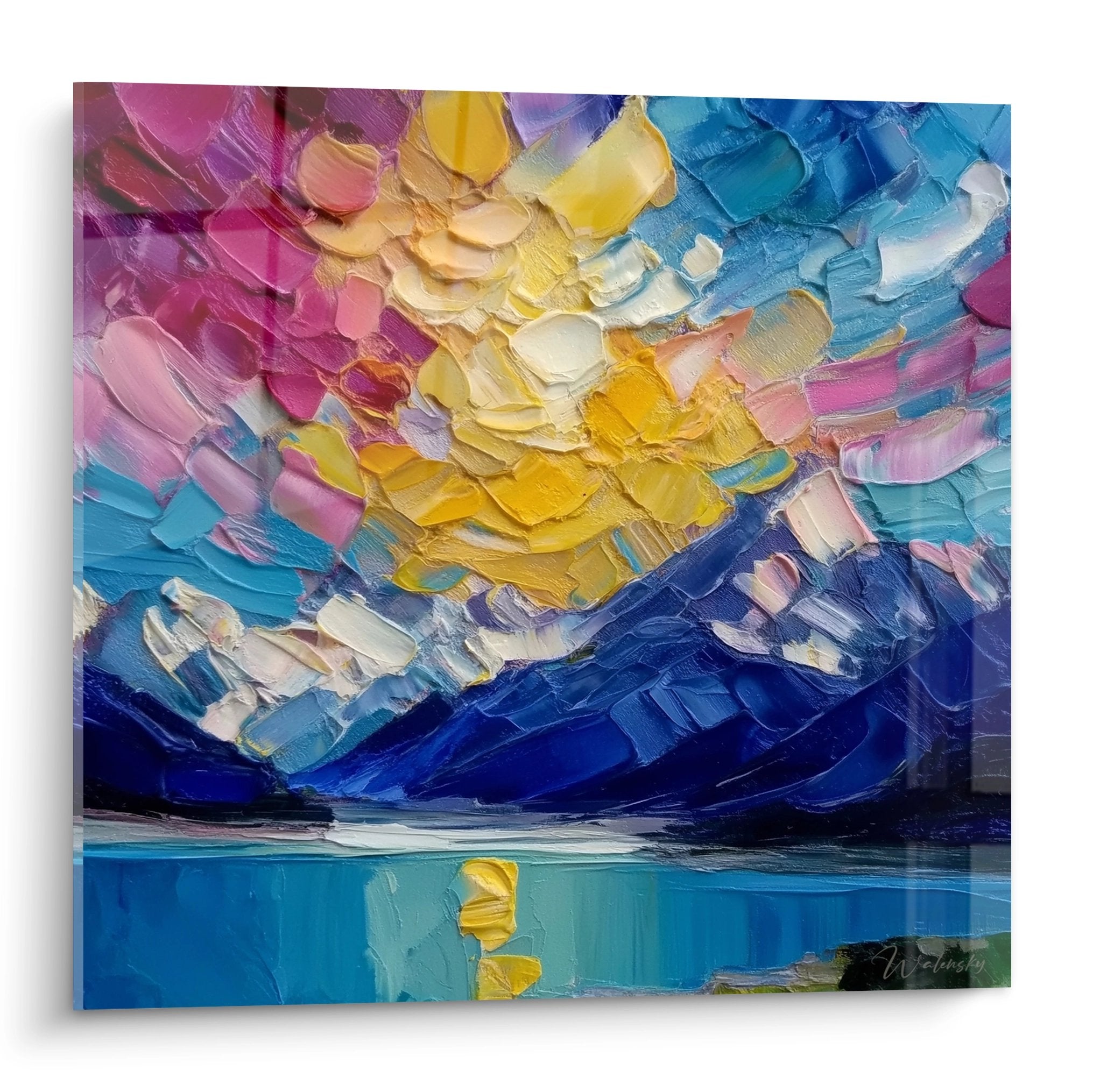 Tableau coucher de soleil sur lac aux reflets multicolores, peinture moderne texturée