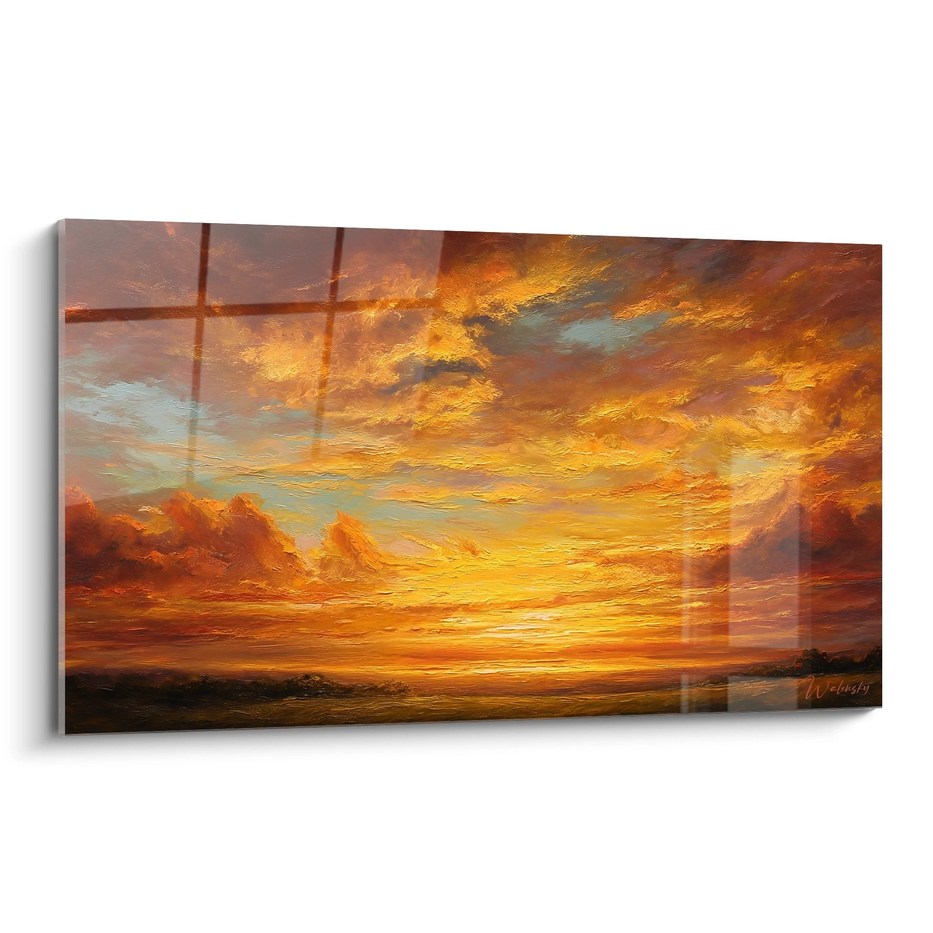 Tableau coucher de soleil maritime avec océan et ciel flamboyant aux couleurs chaudes oranges et dorées