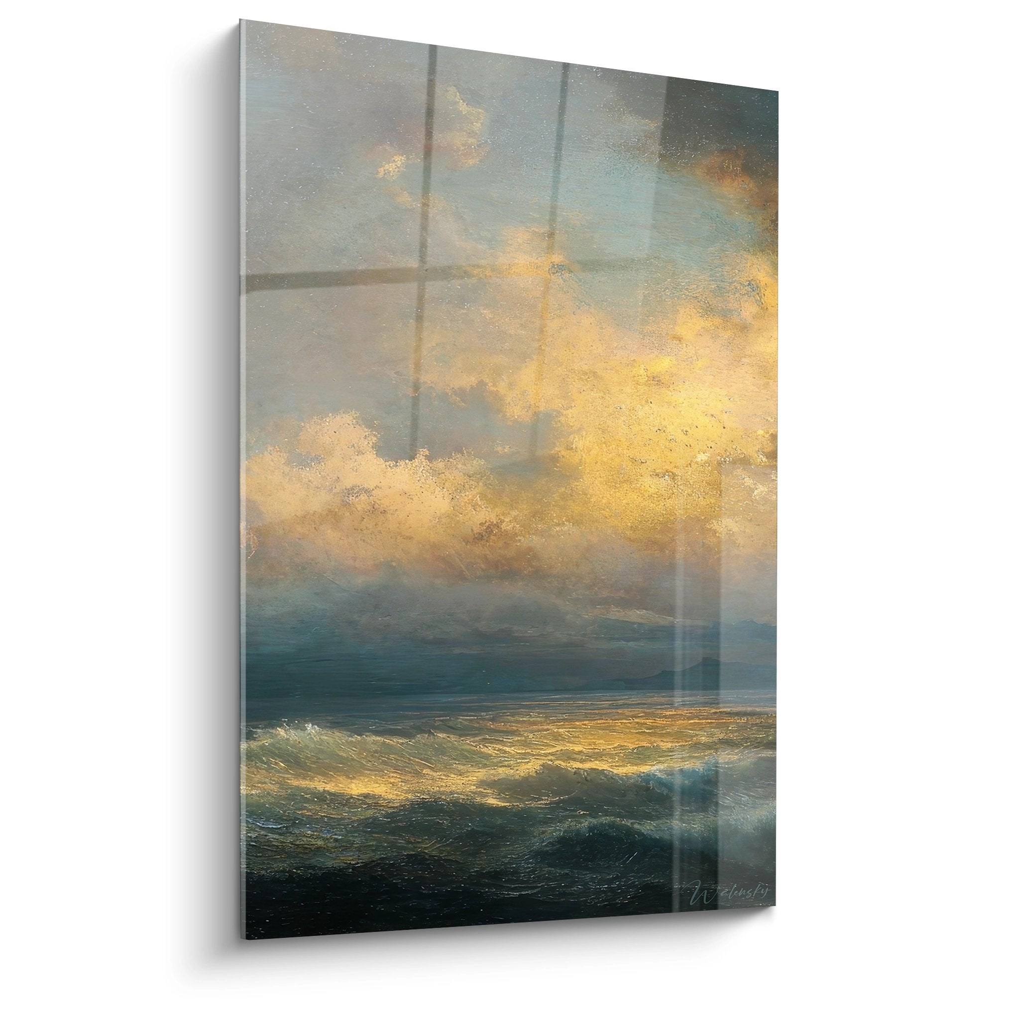 Tableau coucher de soleil sur mer agitée avec vagues dorées et nuages dramatiques - art mural marine