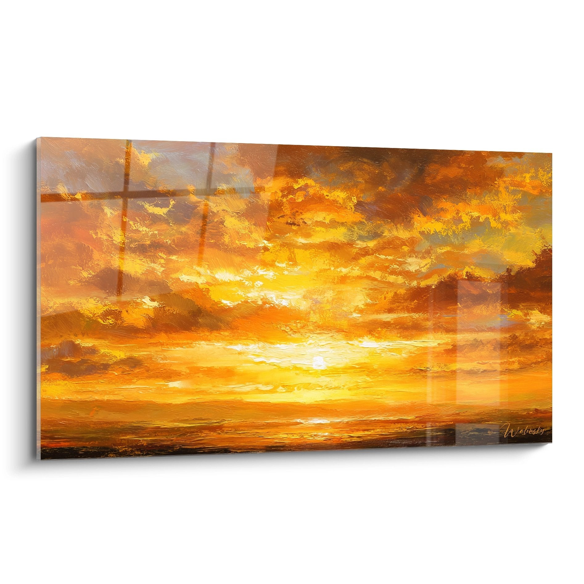 Tableau coucher de soleil océanique aux tons dorés et orangés avec ciel embrasé et nuages
