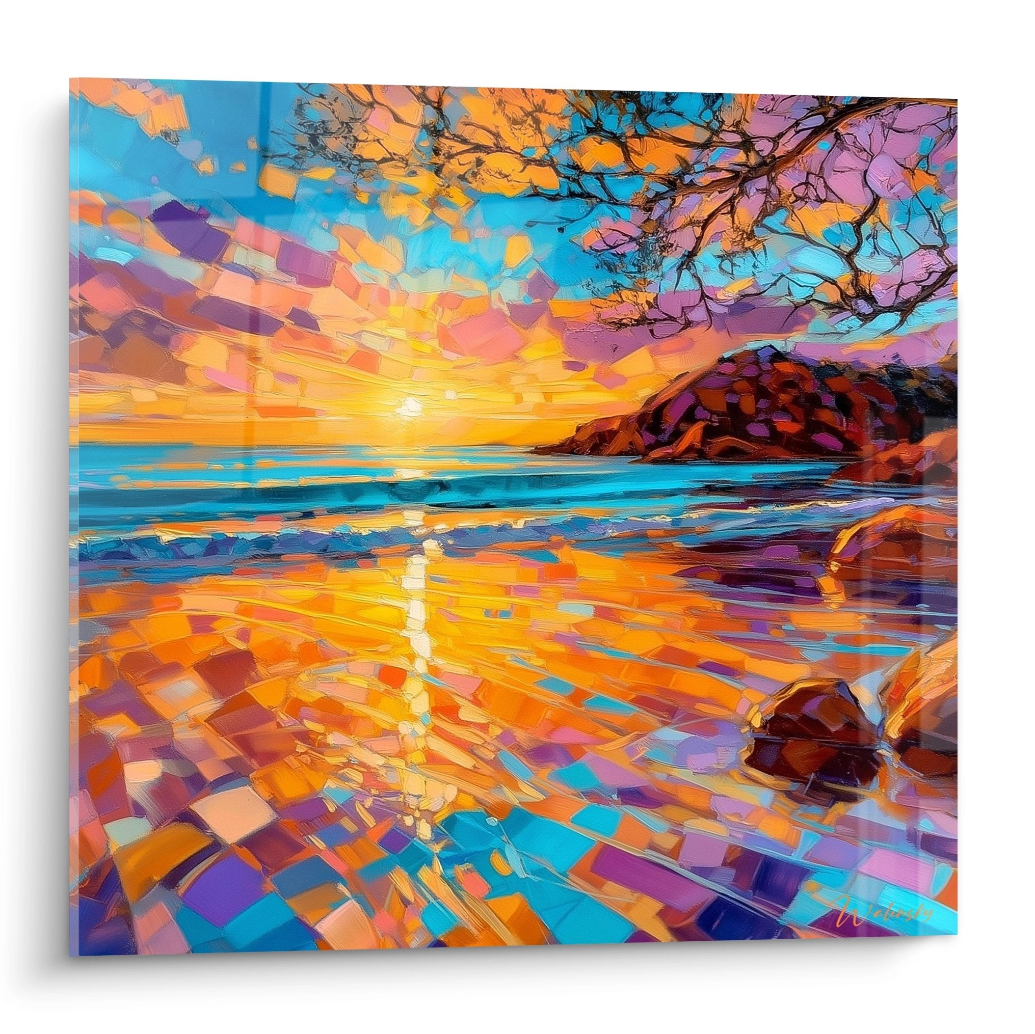 Tableau mural coucher de soleil sur plage avec reflets dorés et couleurs vibrantes