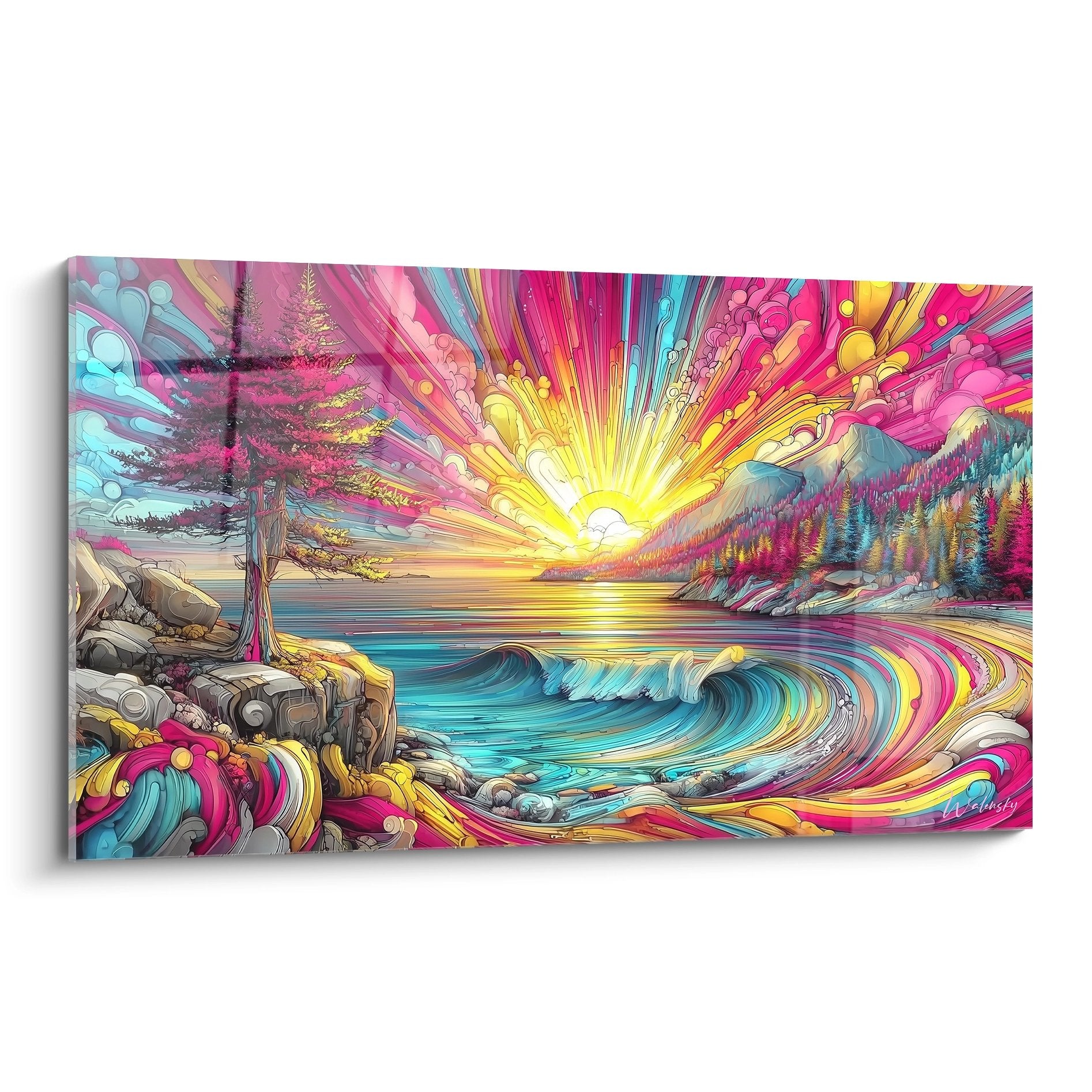 Tableau mural coucher de soleil psychédélique aux couleurs vives avec paysage côtier surréaliste