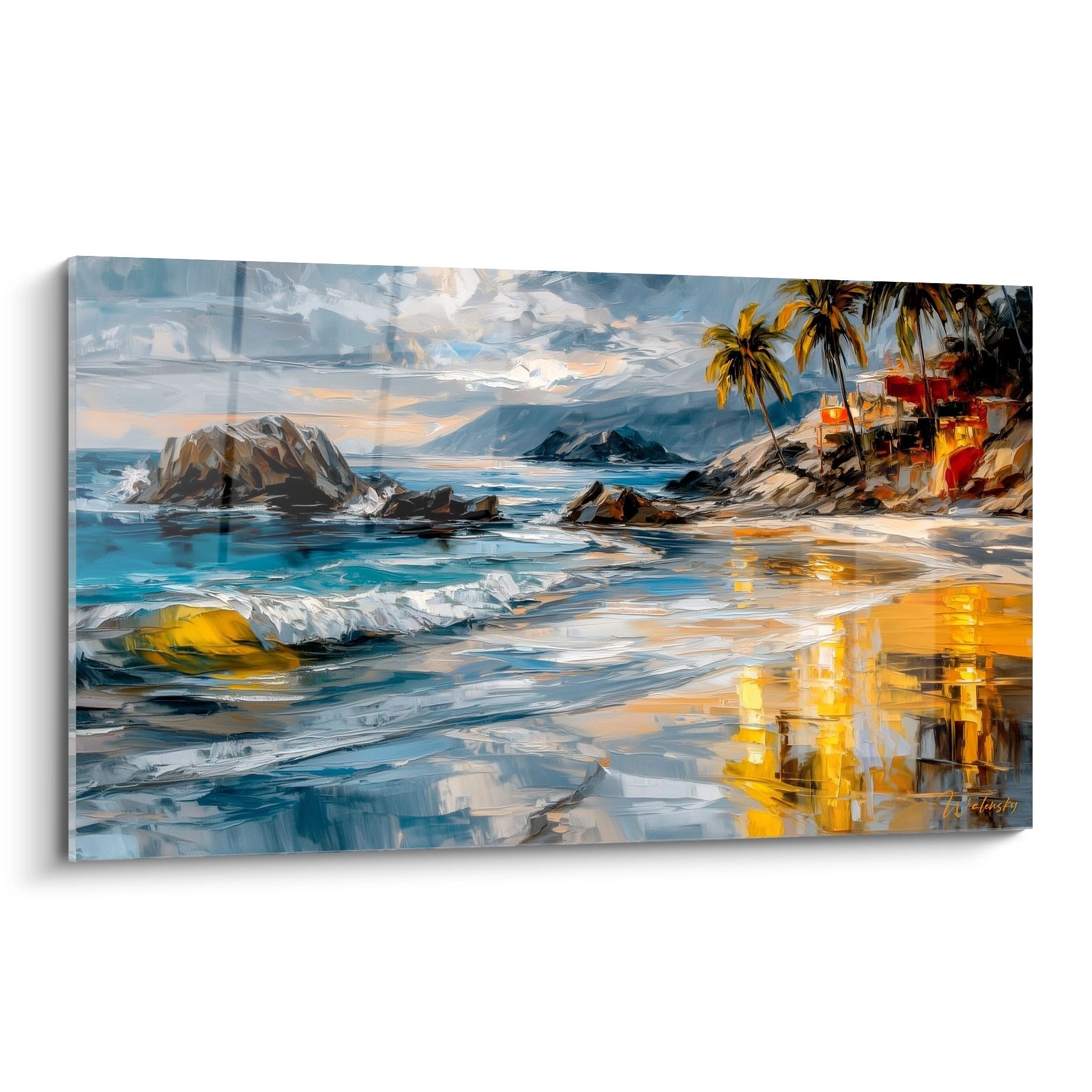 Tableau mural coucher de soleil tropical avec palmiers, vagues turquoise et reflets dorés sur plage paradisiaque