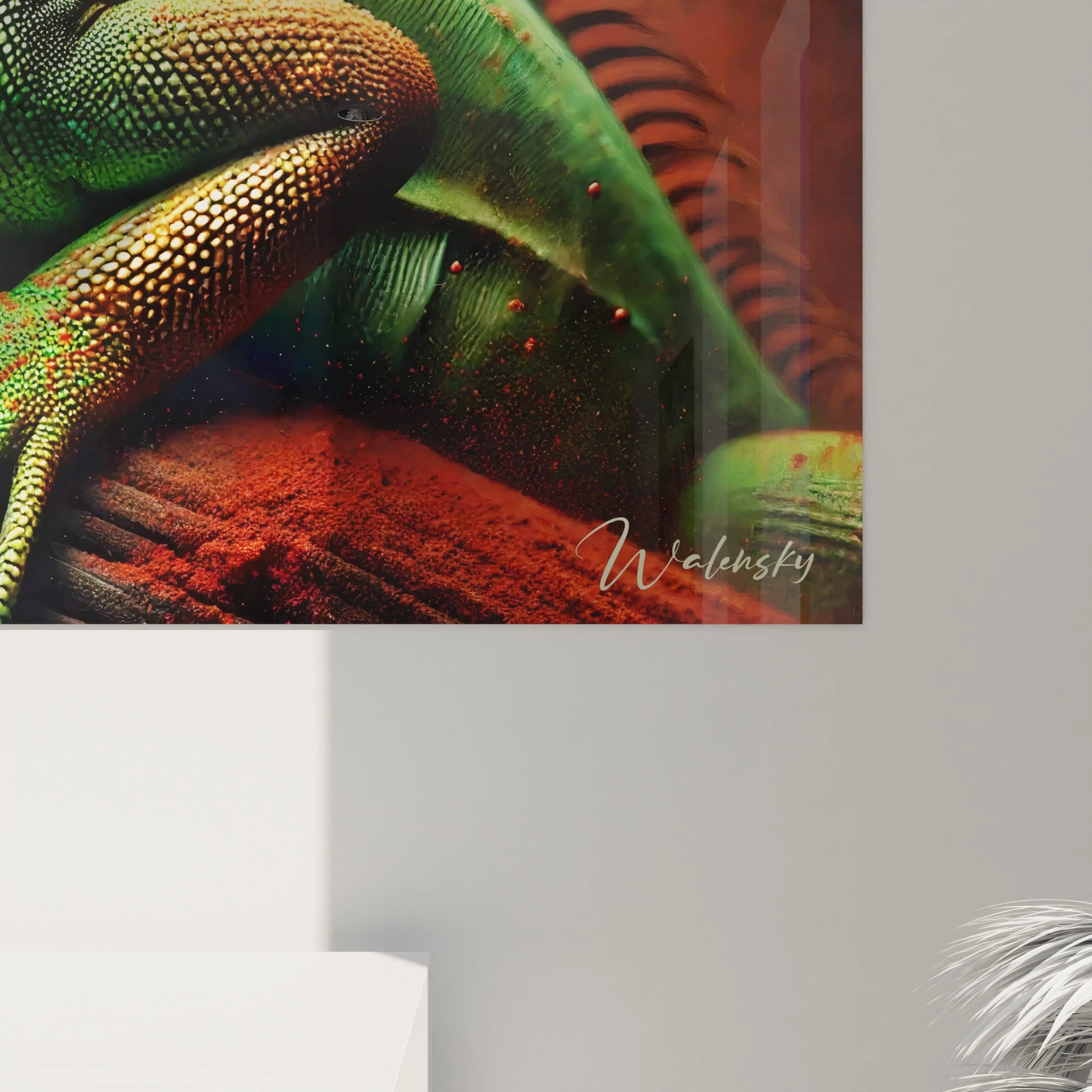 Admirez de près chaque détail de ce tableau iguane. Des écailles minutieusement travaillées aux teintes éclatantes, chaque aspect de cette œuvre capture la vitalité et la force de cet animal majestueux.