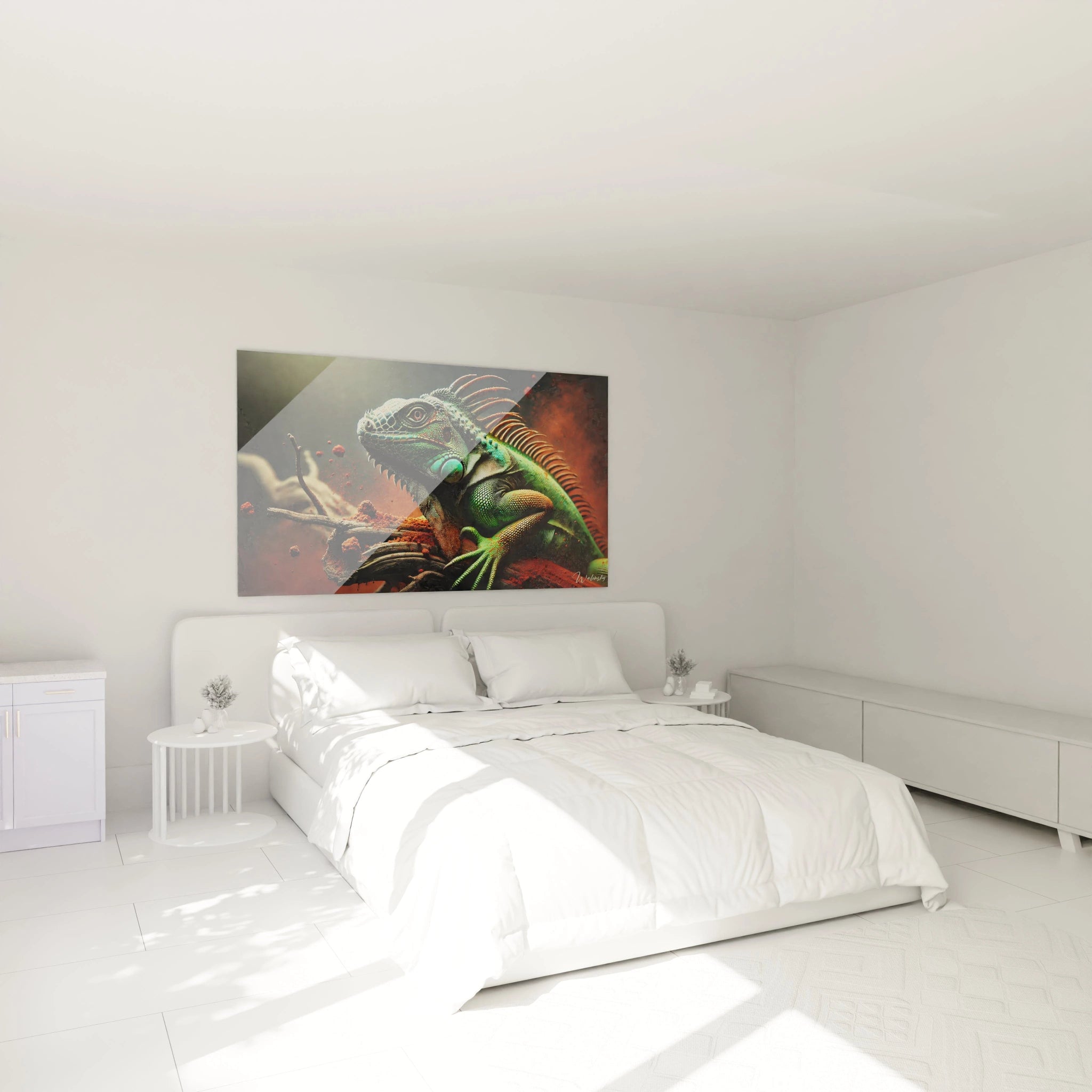 Ce tableau iguane ajoute une touche unique au-dessus de votre lit. Les couleurs vibrantes et les détails minutieux capturent la puissance de cet animal, apportant une énergie naturelle à votre chambre.