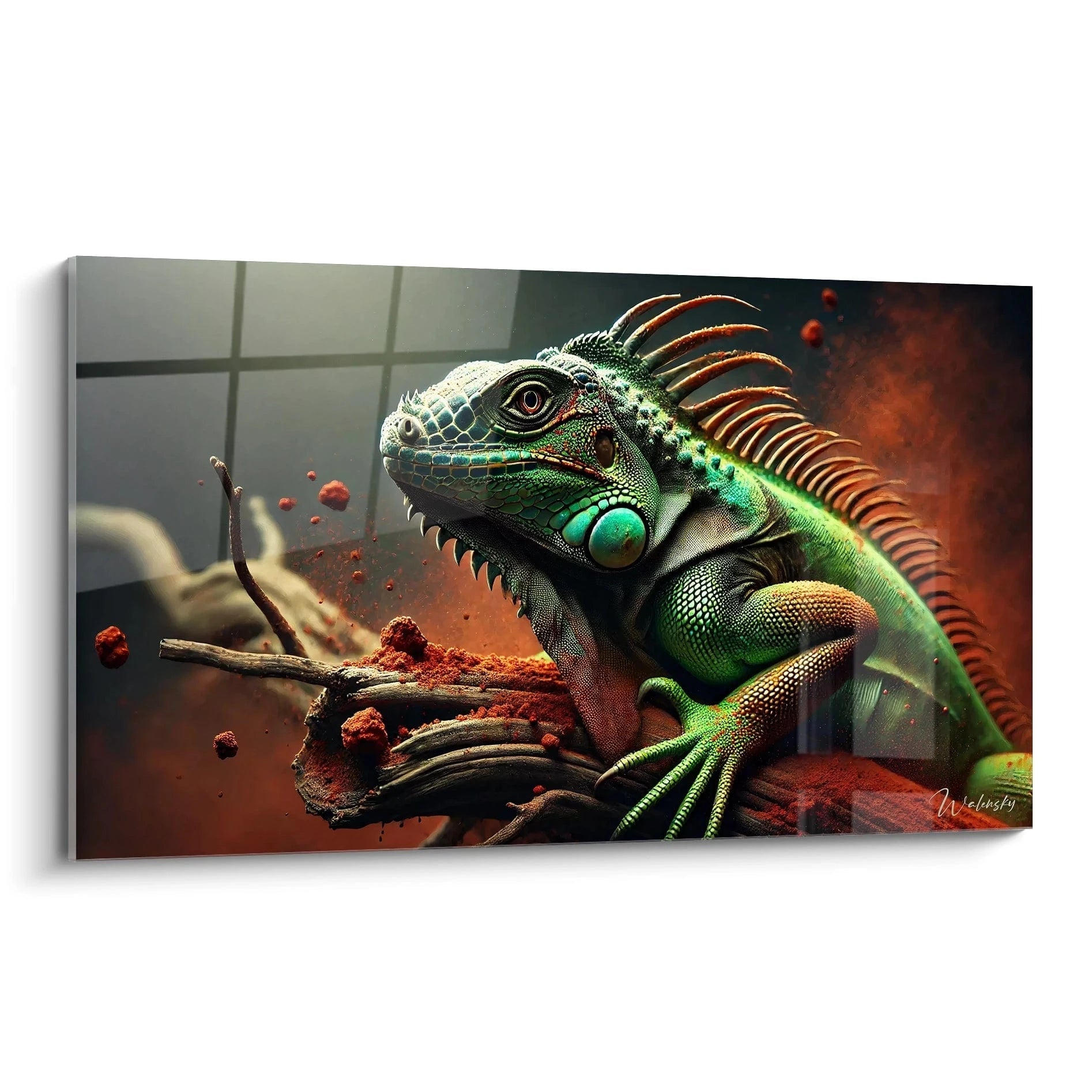 tableau iguane vibrant aux couleurs intenses. Capturez la beauté sauvage de l’iguane dans cette oeuvre unique, mélange de réalisme et d’abstraction. Un ajout audacieux pour votre espace artistique.