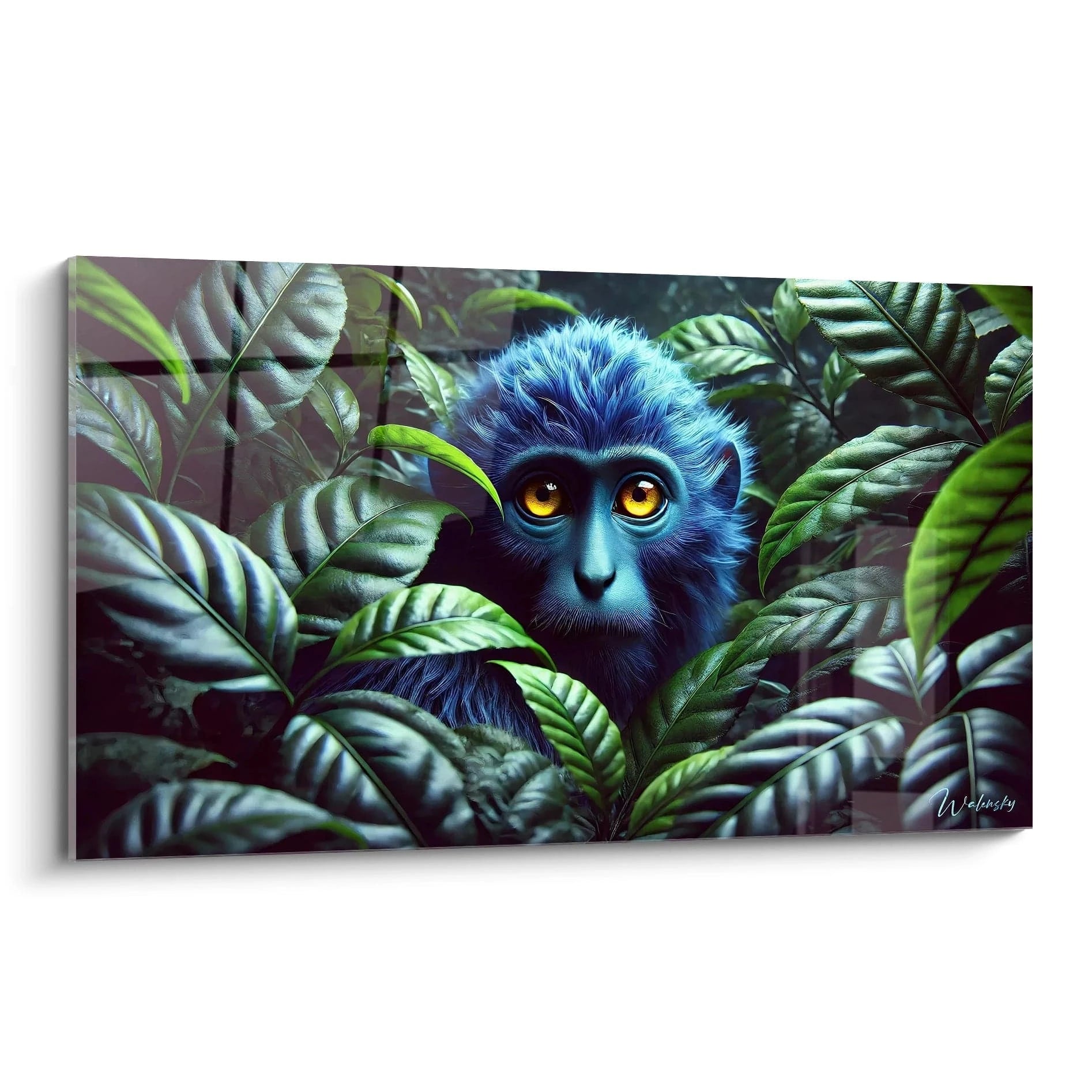 Ce tableau singe attire le regard avec sa fourrure bleue et ses yeux jaunes perçants. Le feuillage vert ajoute une dimension mystérieuse, parfait pour une décoration contemporaine.