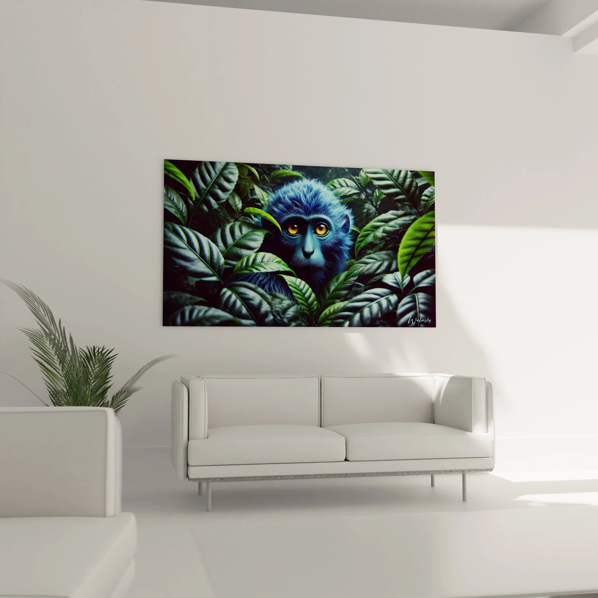 Ce tableau singe, accroché au-dessus du canapé, captive les invités avec son pelage bleu et son regard perçant. Un élément de décoration artistique qui ajoute du caractère à votre salon.