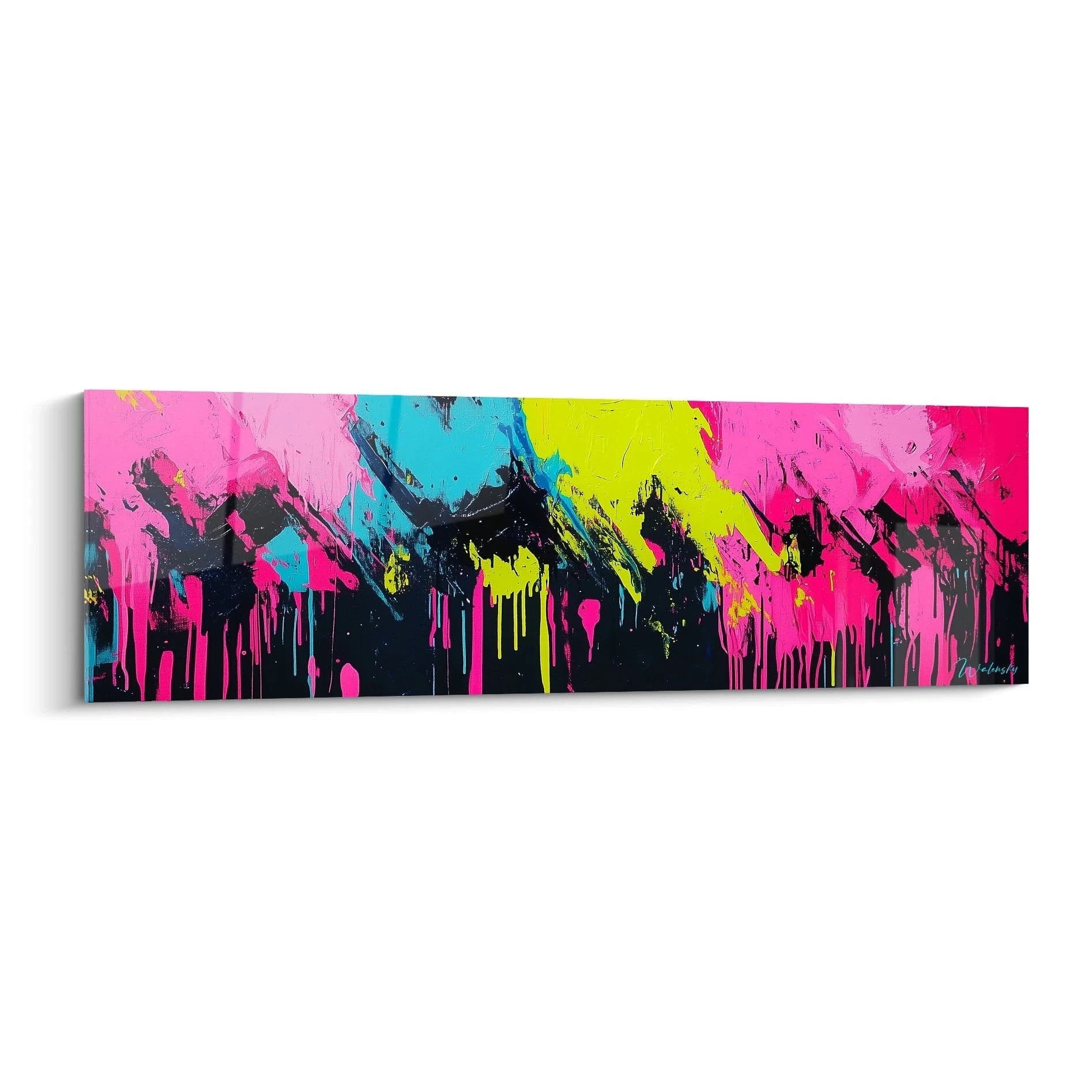 Tableau abstrait aux couleurs fluorescentes présentant des dégoulinures de rose vif, turquoise électrique et jaune acide sur fond noir, créant un effet de street art urbain avec des textures liquides qui semblent couler verticalement.