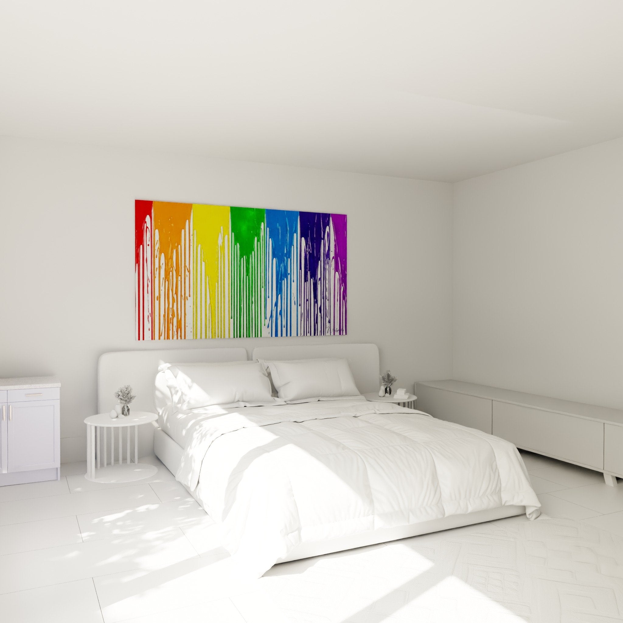 Tableau coulures multicolores décorant chambre moderne street art dripping arc-en-ciel mur blanc