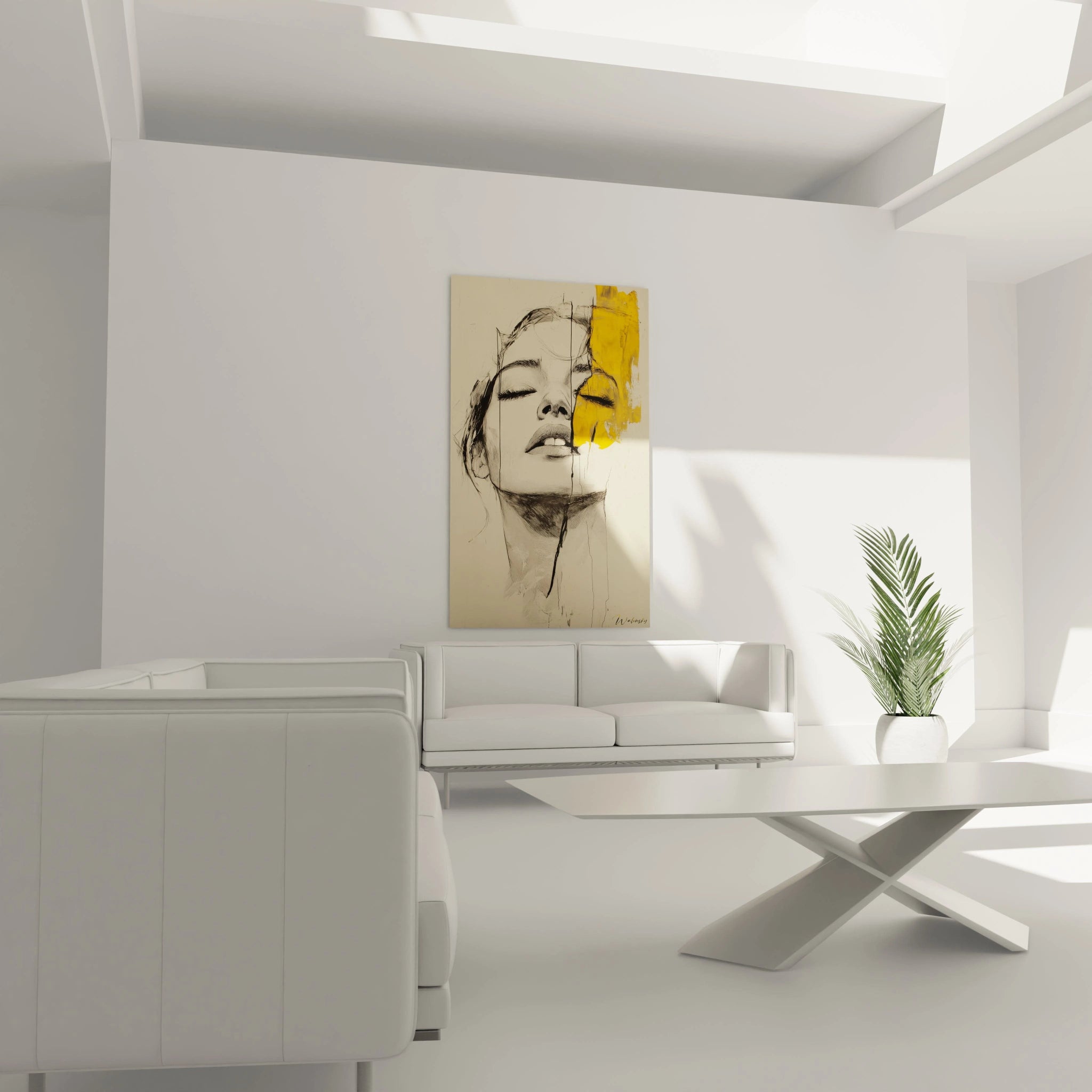 Un tableau visage contemplatif présentant une femme au regard fermé, coupé verticalement entre dessin noir minutieux et abstraction jaune vibrante. Les détails précis des traits du visage contrastent avec les coups de pinceau audacieux sur un fond beige texturé.