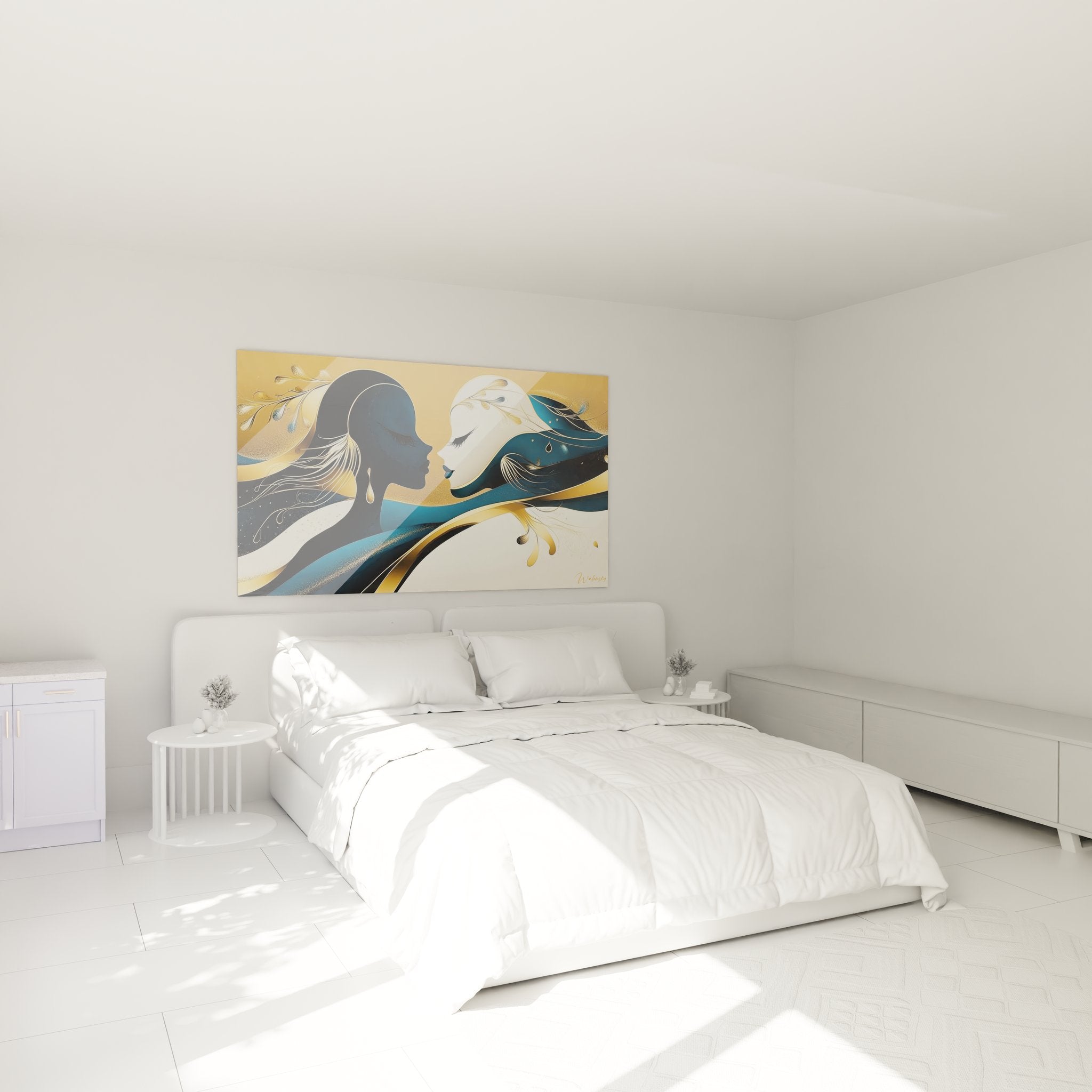 Ambiance chambre avec tableau couple abstrait moderne, décoration murale romantique tons or et bleu marine