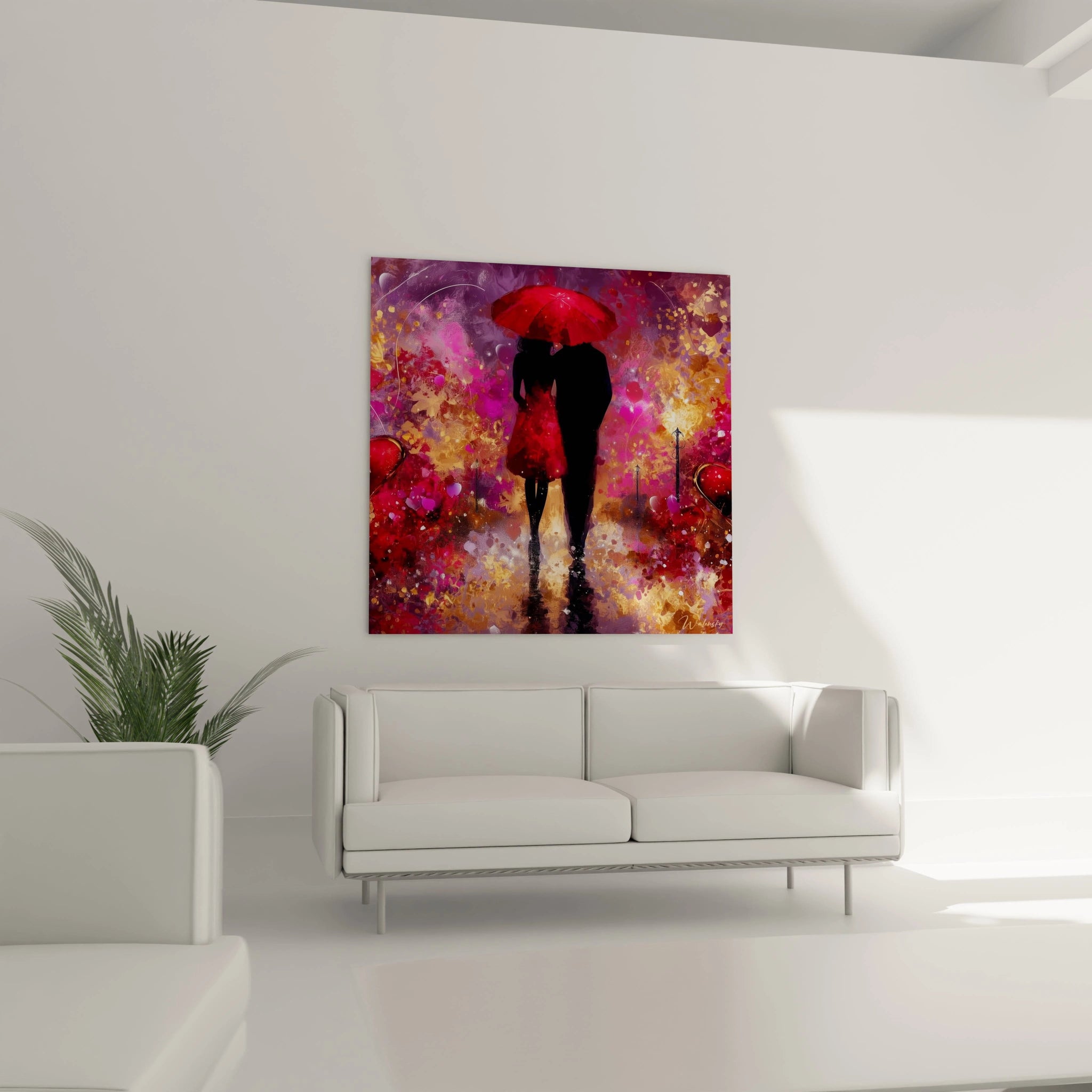Walensky tableau couple amour mural coloré montrant un couple sous un parapluie rouge au dessus d un canapé blanc moderne