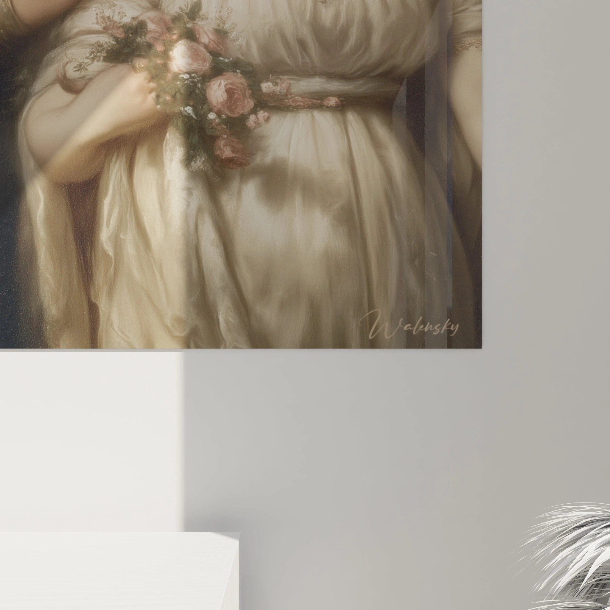 Walensky tableau néo classique couple toile murale femme en robe empire tenant bouquet de roses