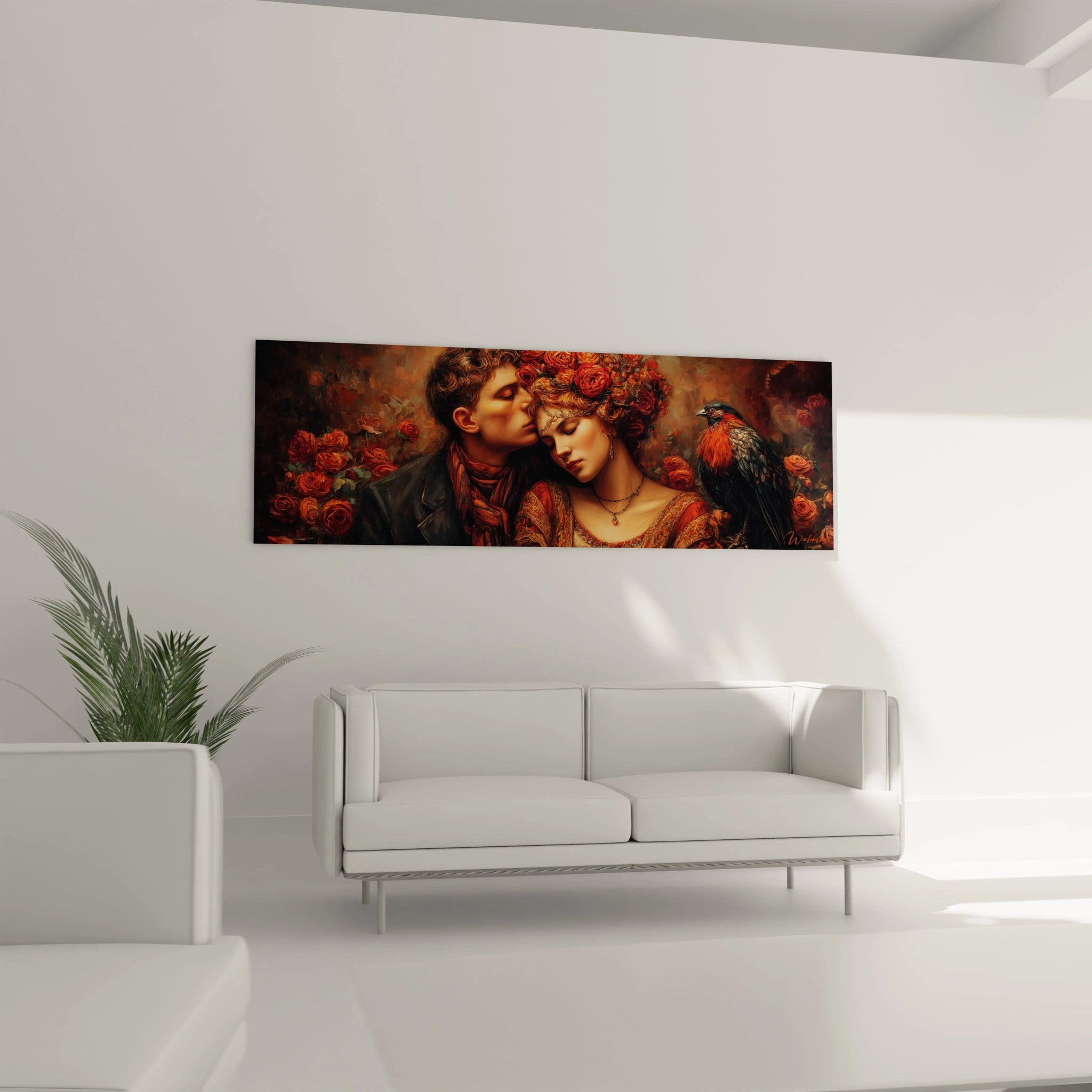 tableau couple amour fleuri Walensky mural romantique panoramique aux tons chauds représentant un couple amoureux entouré de roses