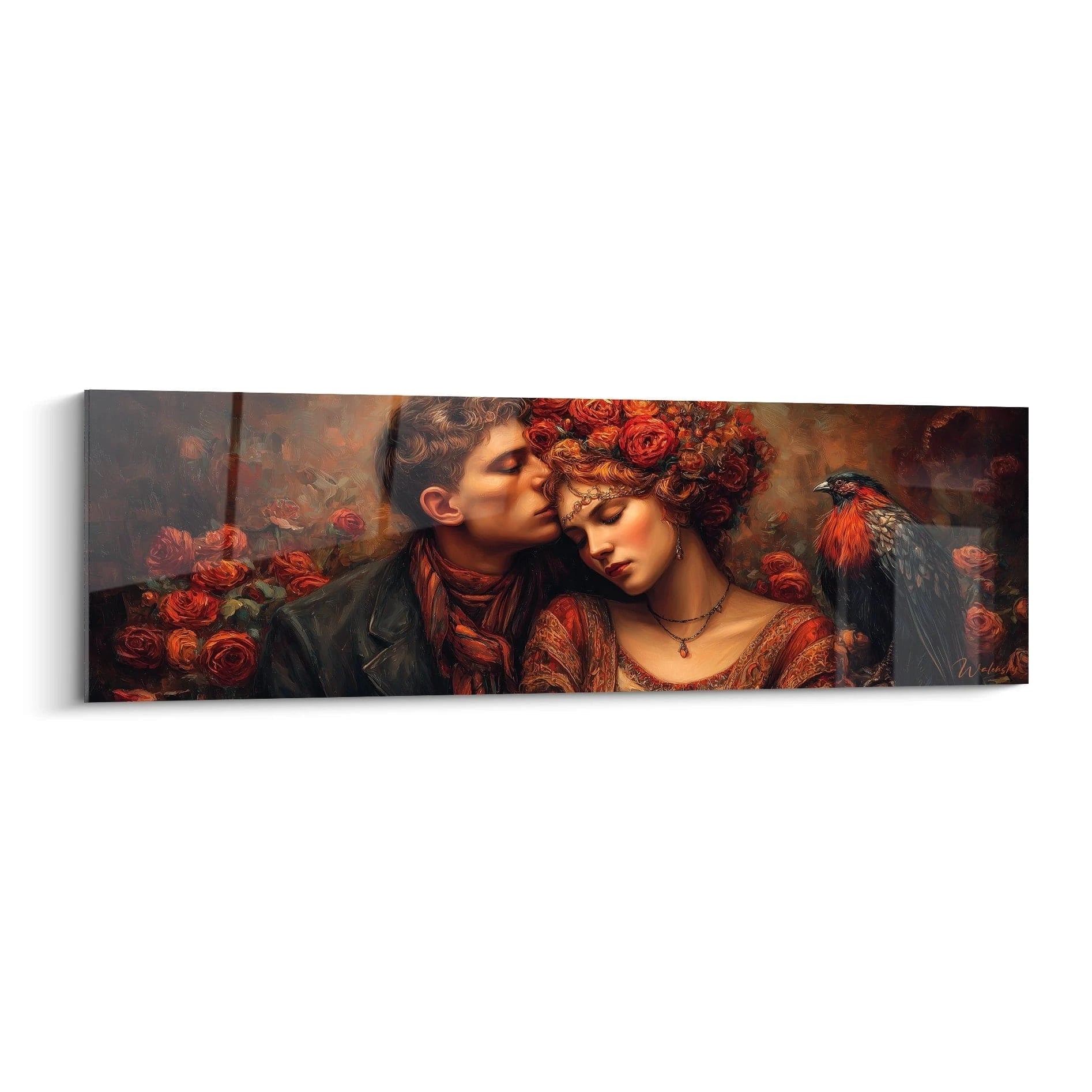 Walensky tableau mural romantique d un couple enlacé parmi roses rouges et une couronne de fleurs tableau couple amour fleuri