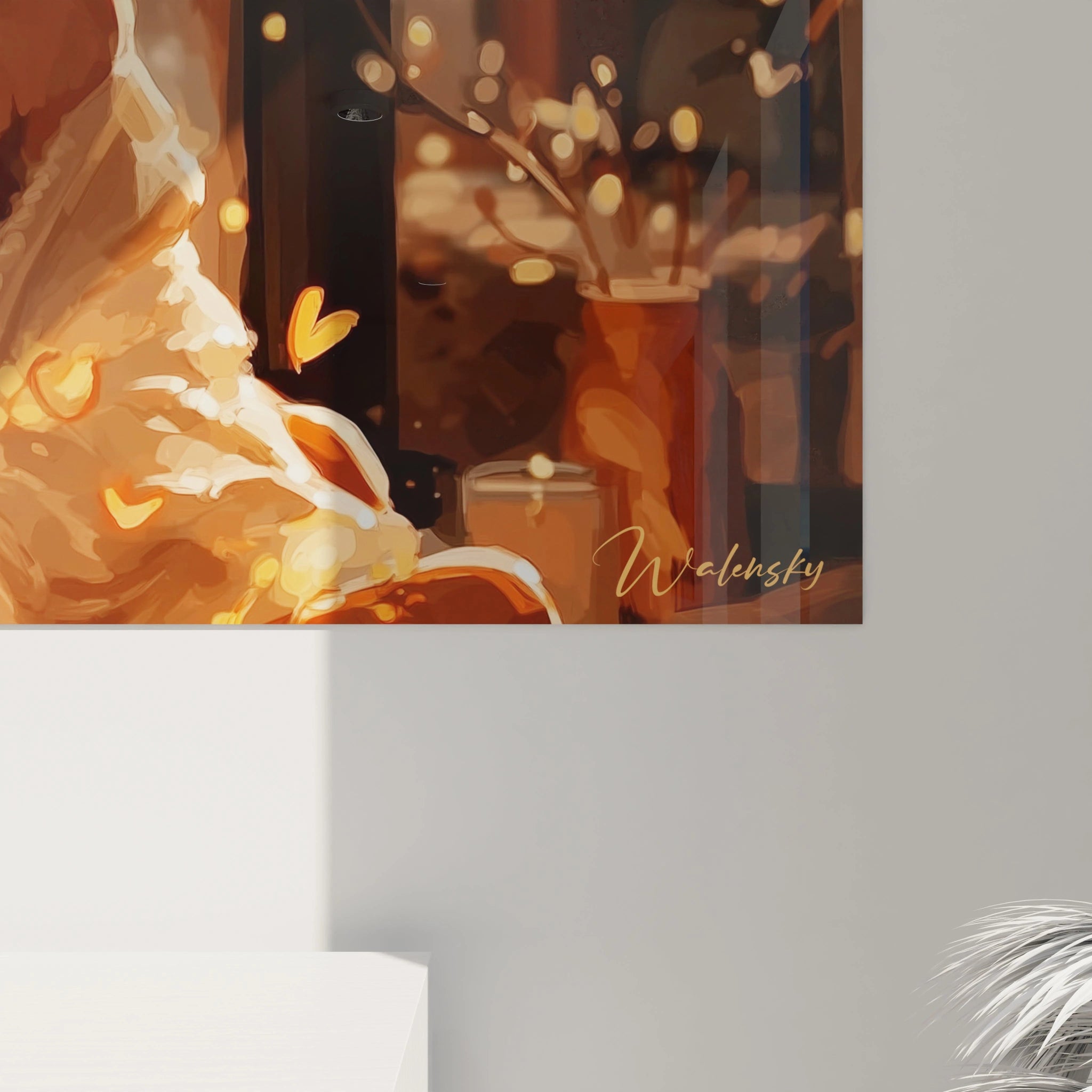 Tableau mural Walensky montrant un couple stylise au clairage chaud et coeurs dores tableau couple amour lumineux pour decoration