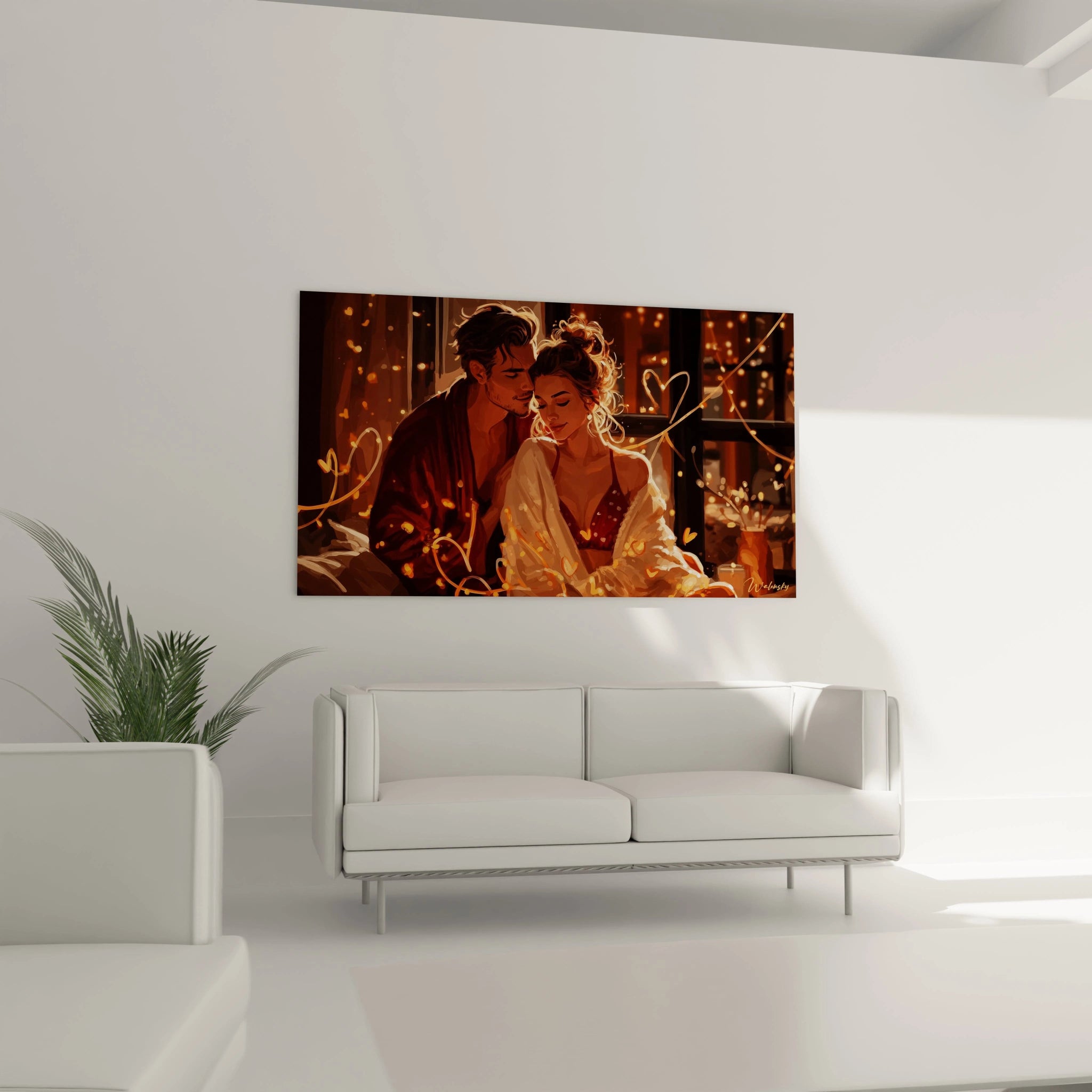 Walensky tableau couple amour lumineux mural romantique scène de couple au lit éclairage chaleureux
