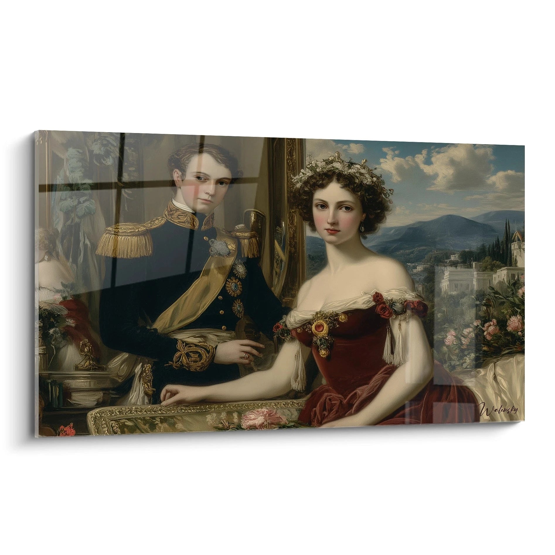 Tableau mural Walensky présentant un tableau couple aristocratique femme en robe rouge et officier en uniforme
