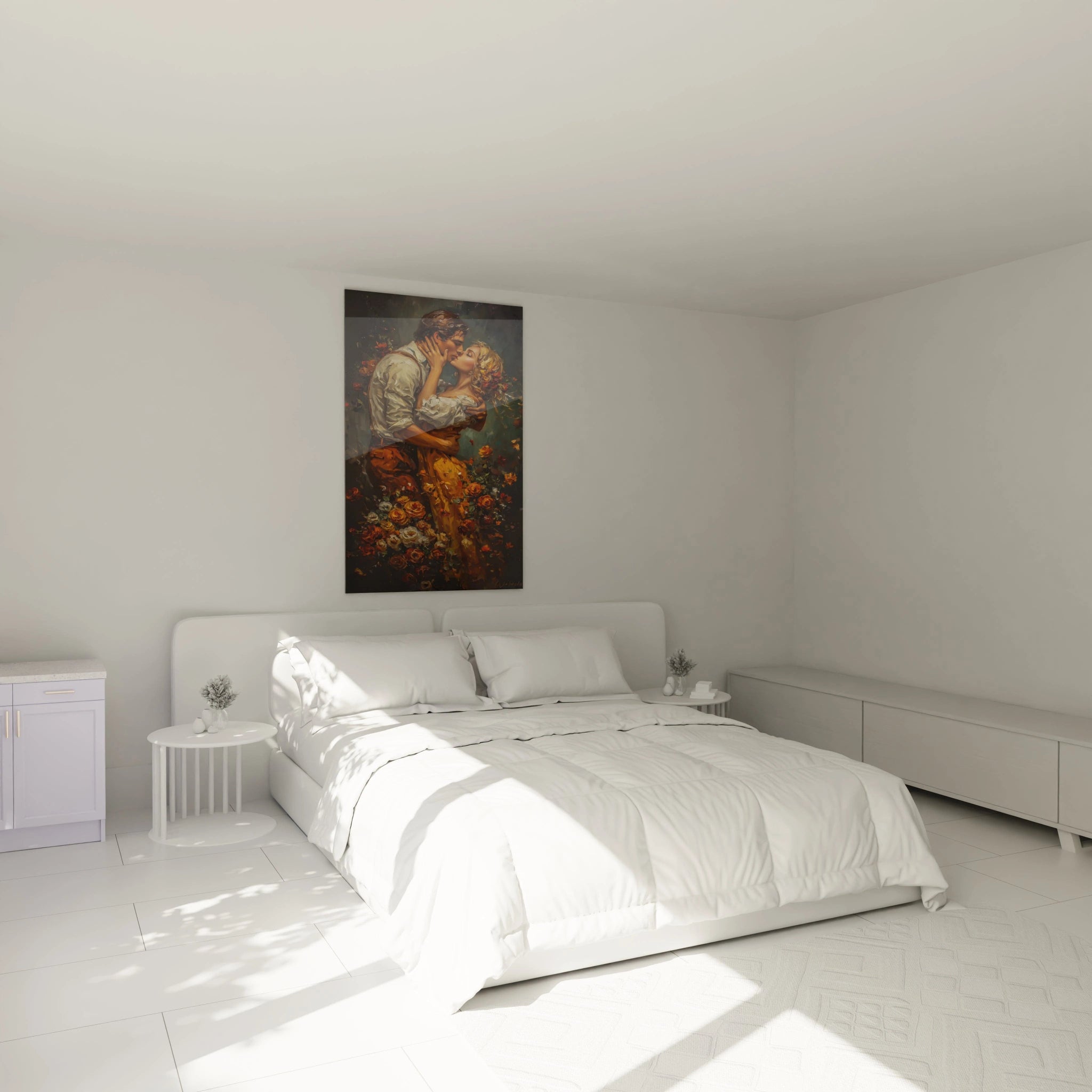 Tableau mural Walensky tableau couple romantique encadre au dessus d un lit blanc dans une chambre moderne