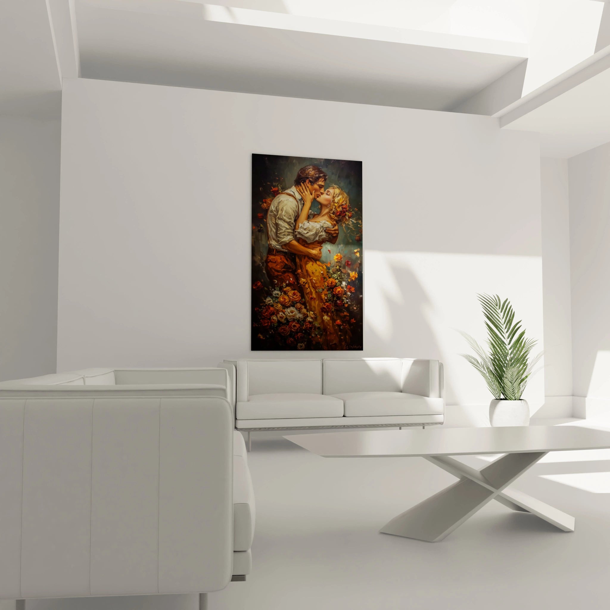 Tableau couple romantique Walensky peinture murale vintage de deux amants s embrassant dans un salon blanc moderne