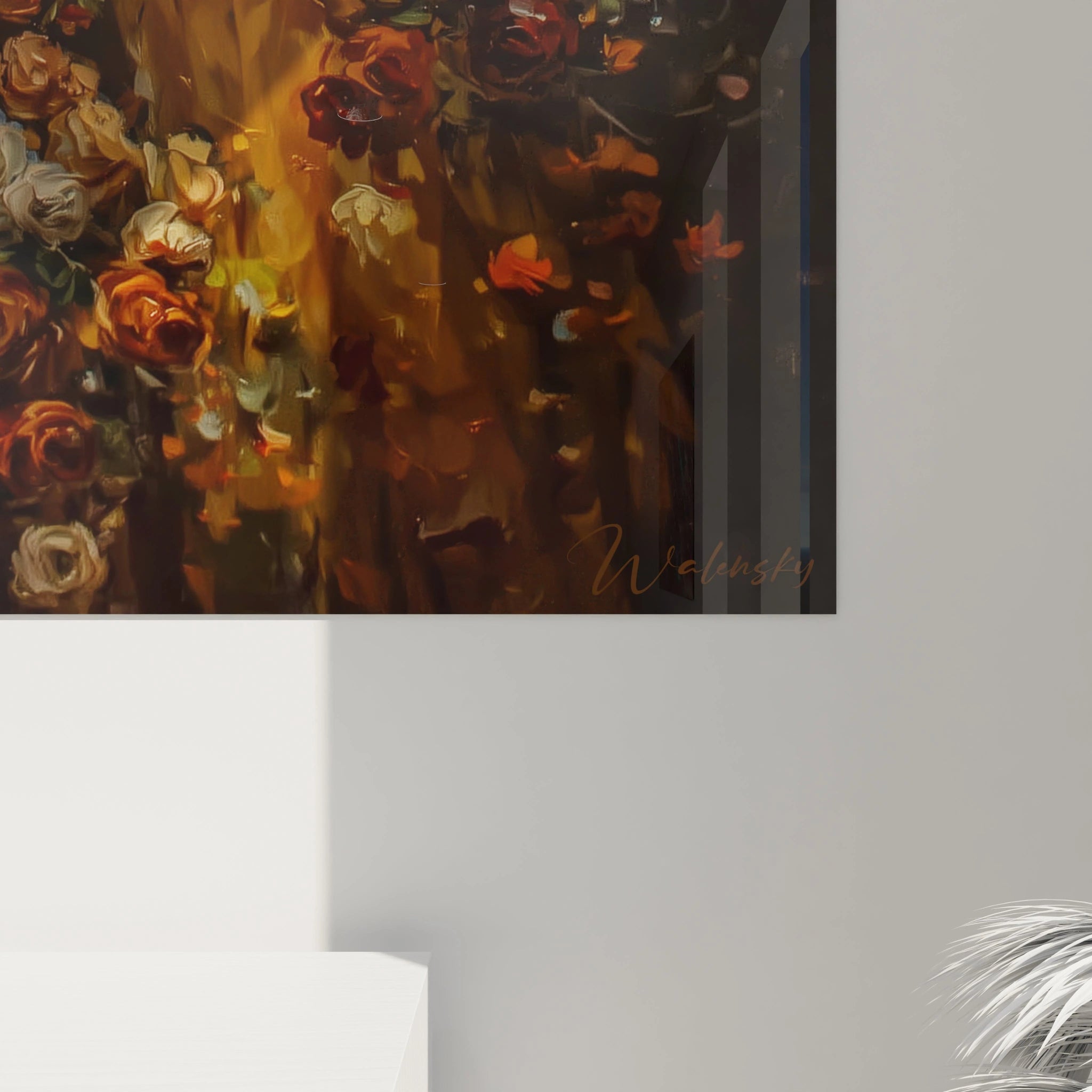 Tableau mural Walensky aux tons chauds de fleurs et silhouettes decor elegant tableau couple romantique