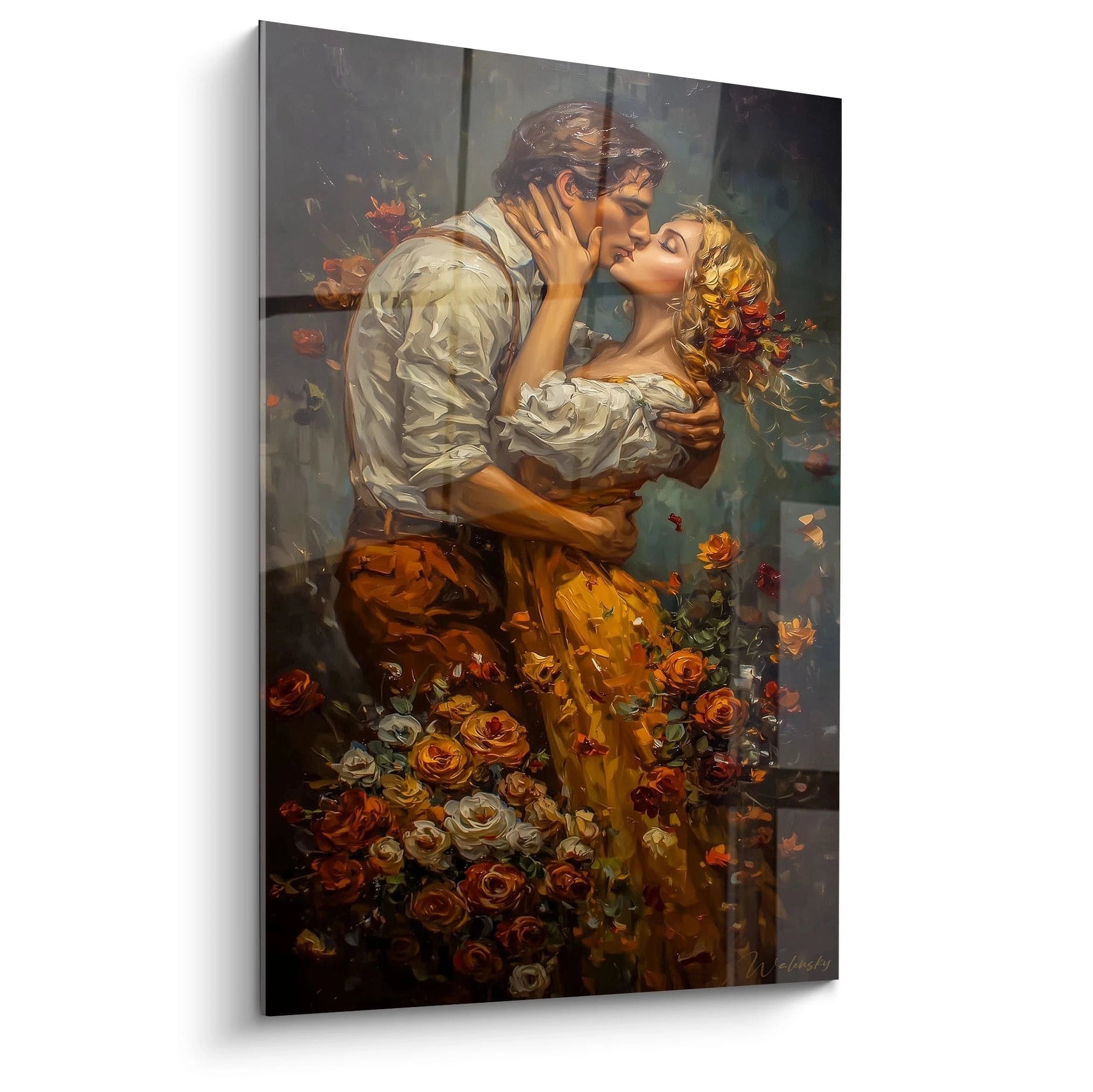 tableau couple romantique Walensky peinture murale de deux amoureux qui s embrassent entoures de fleurs