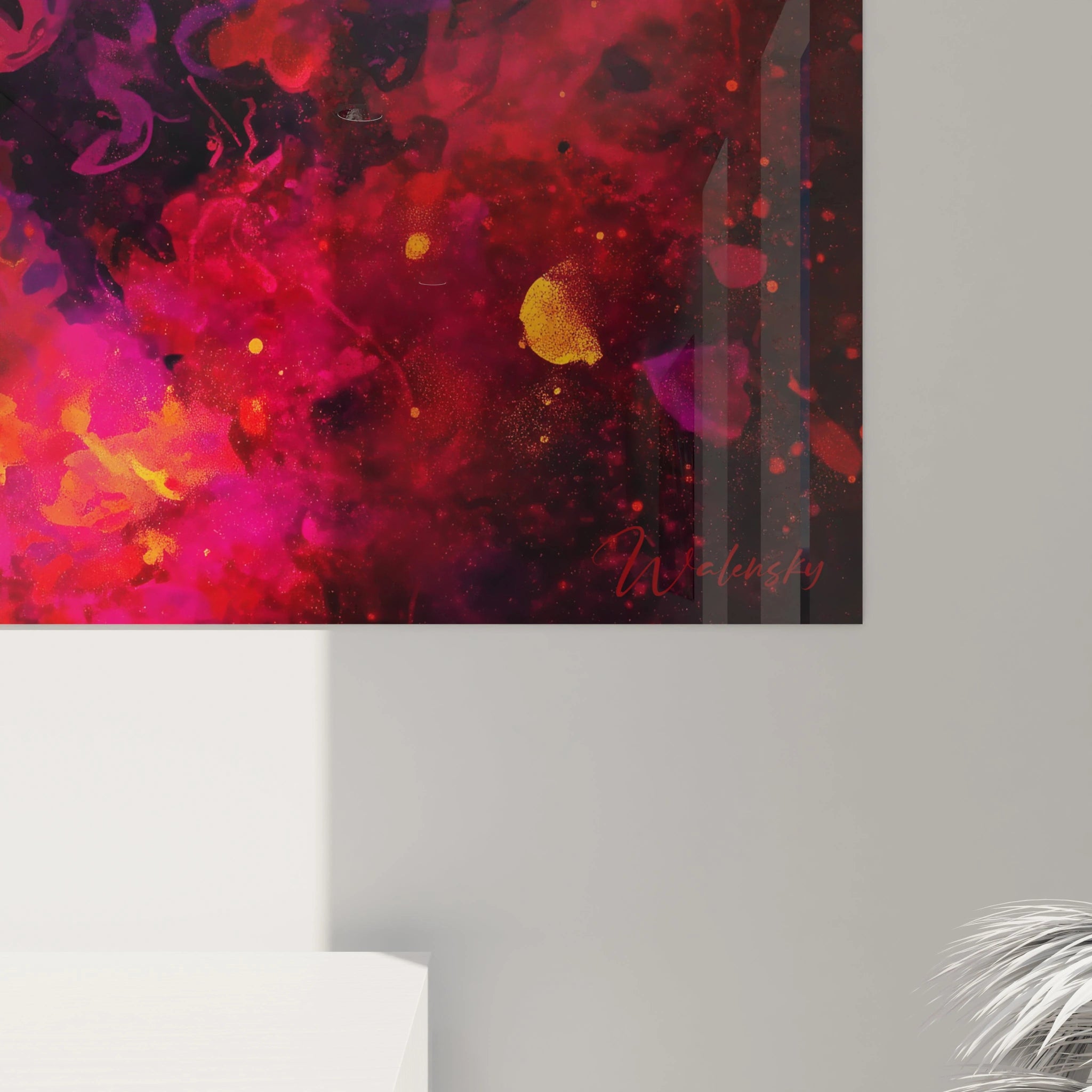 Tableau mural Walensky tableau couple baiser passionné abstrait rouge violet avec éclats dorés finition brillante décor salon