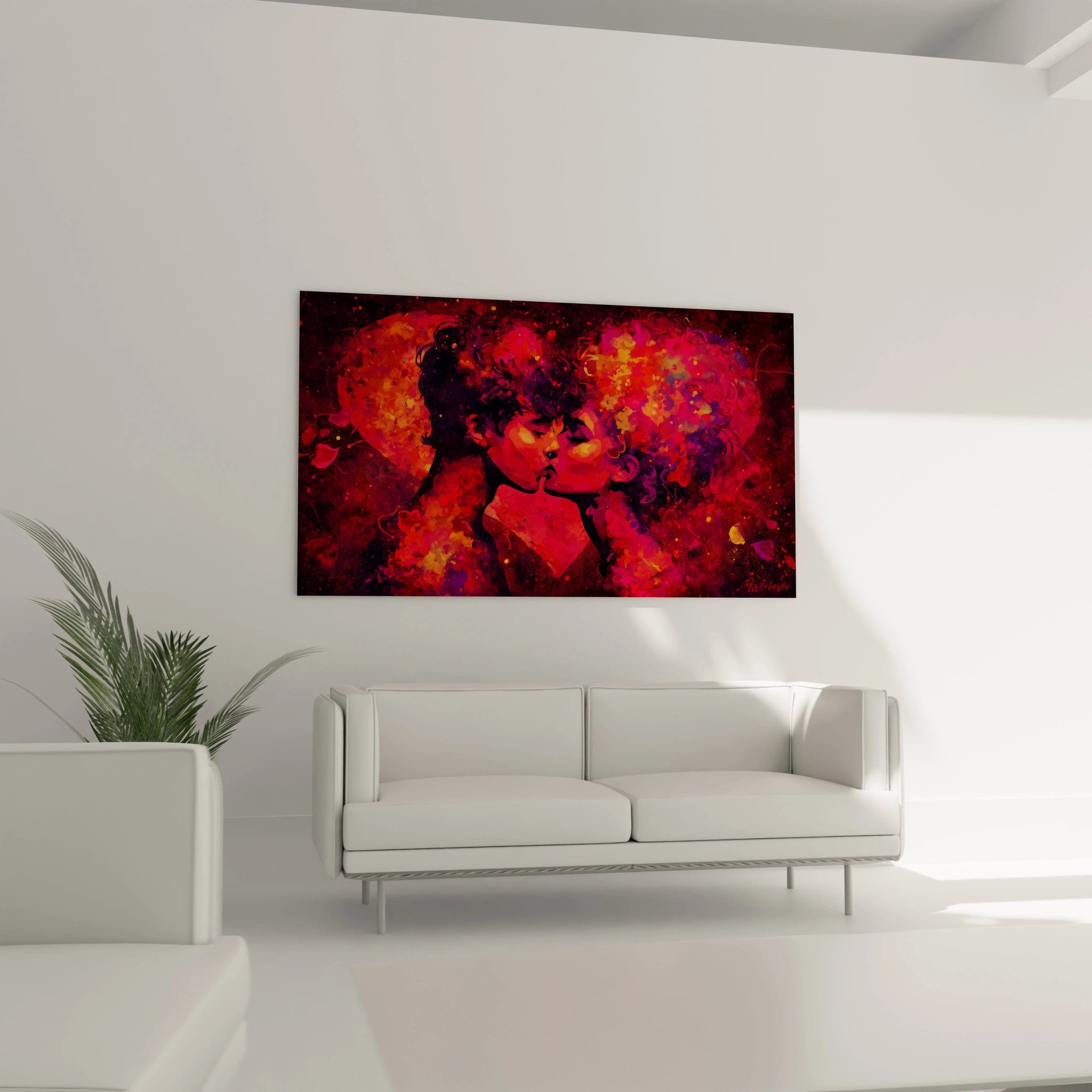 Tableau mural Walensky montrant un tableau couple baiser passionné en peinture abstraite rouge et rose sur un canapé blanc