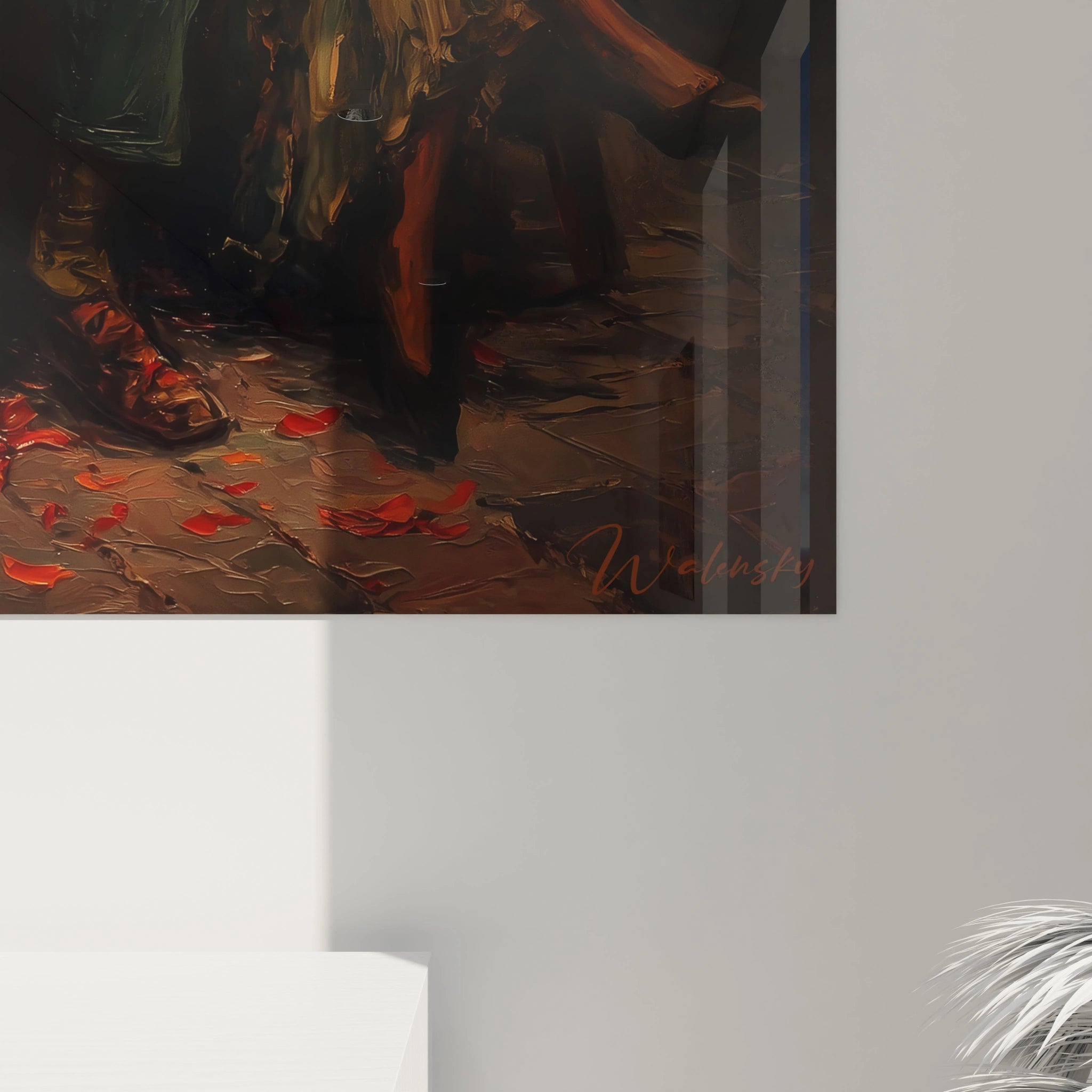 Tableau mural Walensky montrant les jambes d un couple pétales rouges au sol et signature tableau couple amoureux saint valentin