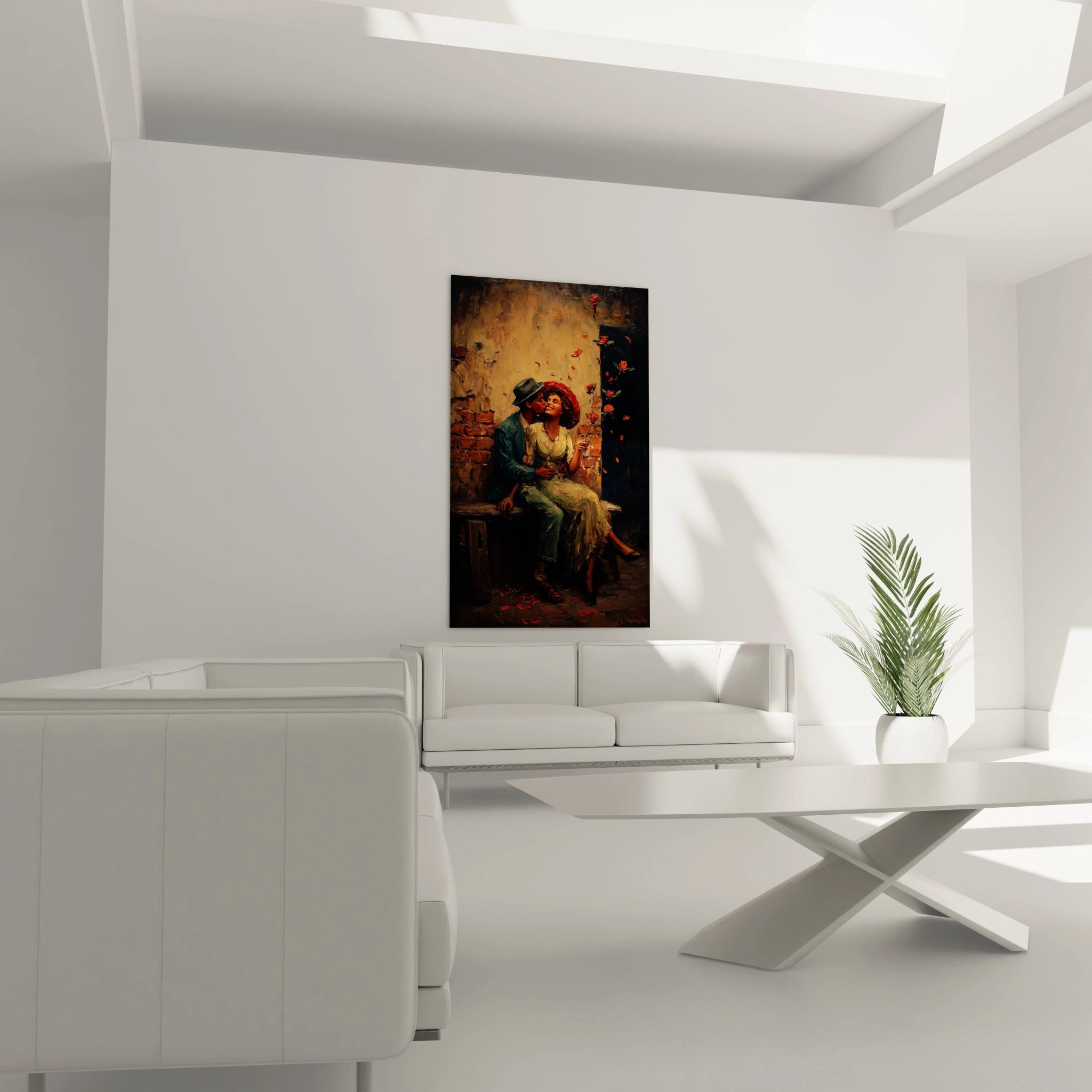 tableau couple amoureux saint valentin tableau mural vintage romantique accroche au dessus du canape dans un salon lumineux