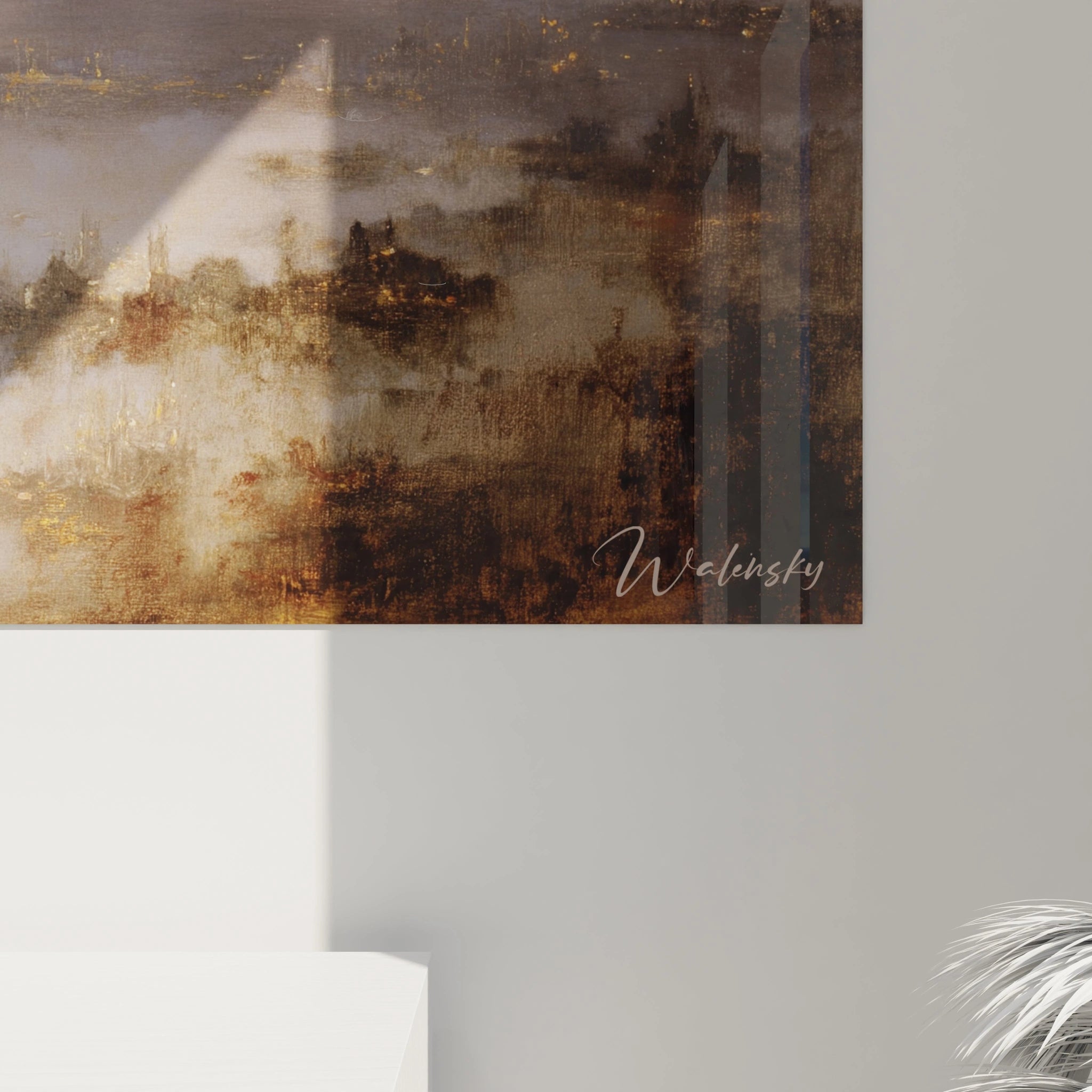 tableau romantique couple Walensky tableau mural abstrait en tons dorés et bruns avec signature