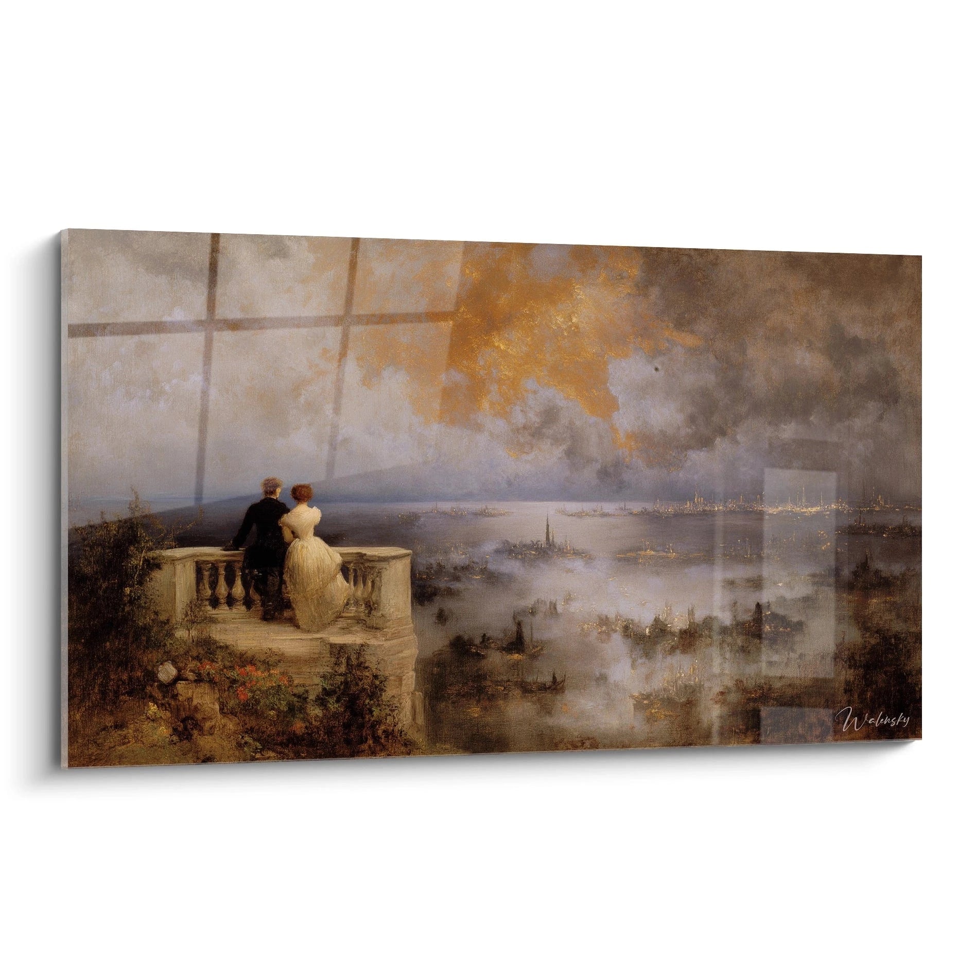 Tableau mural Walensky tableau romantique couple sur une terrasse regardant une ville brumeuse au coucher du soleil