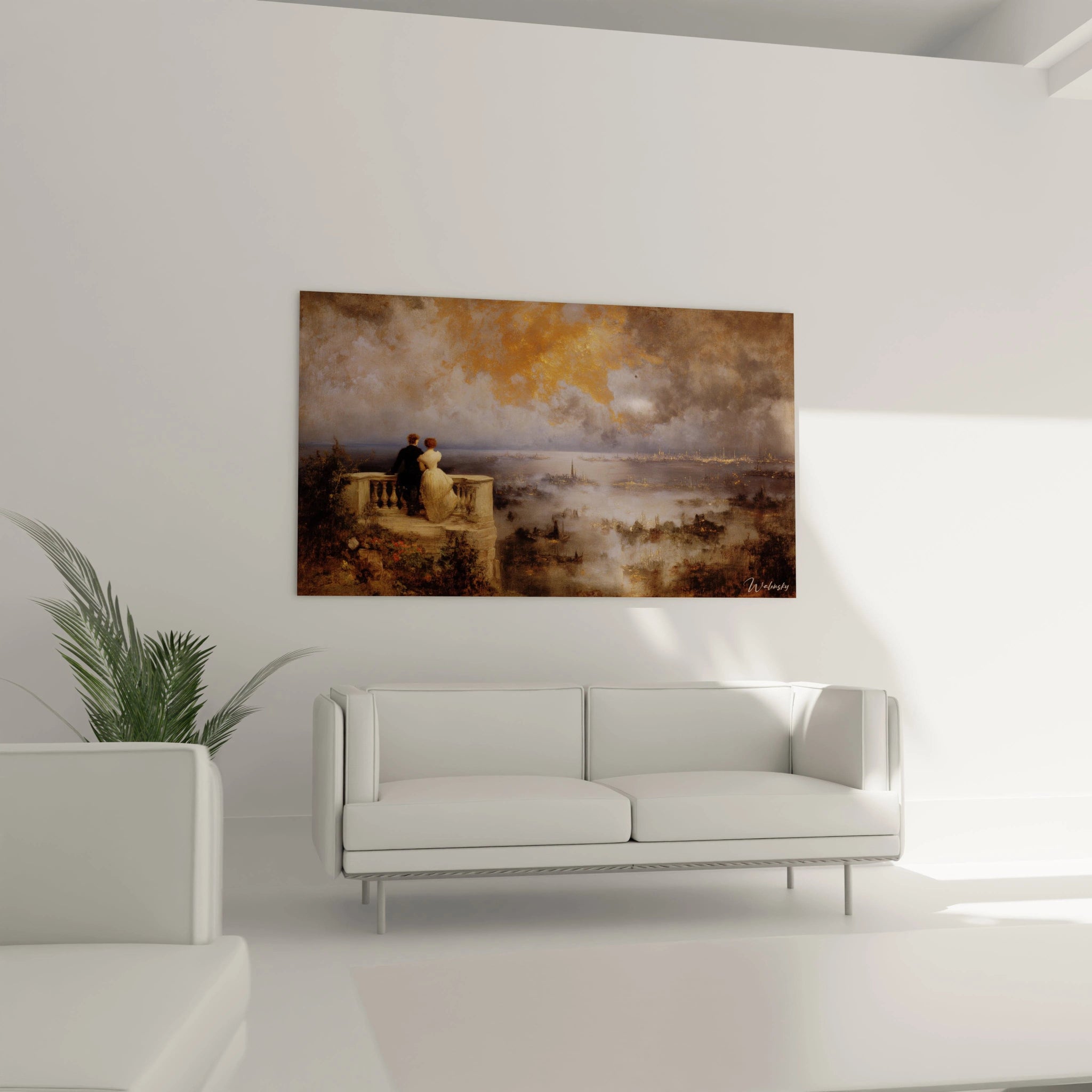 tableau romantique couple Walensky sur toile montrant deux amants sur une terrasse face à un paysage brumeux