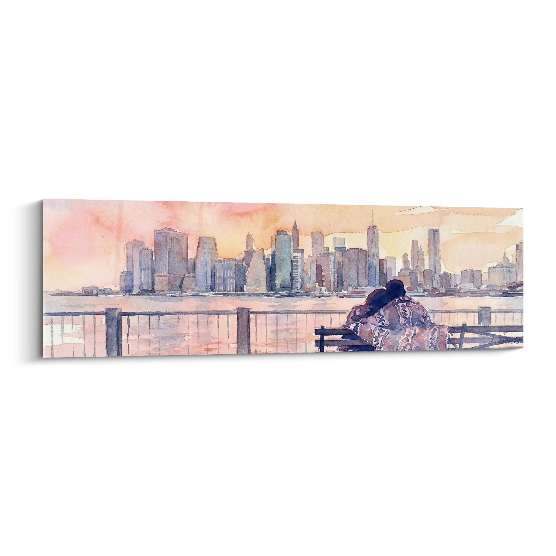 Aquarelle couple contemplant gratte-ciels Brooklyn coucher soleil tons roses dorés art urbain romantique