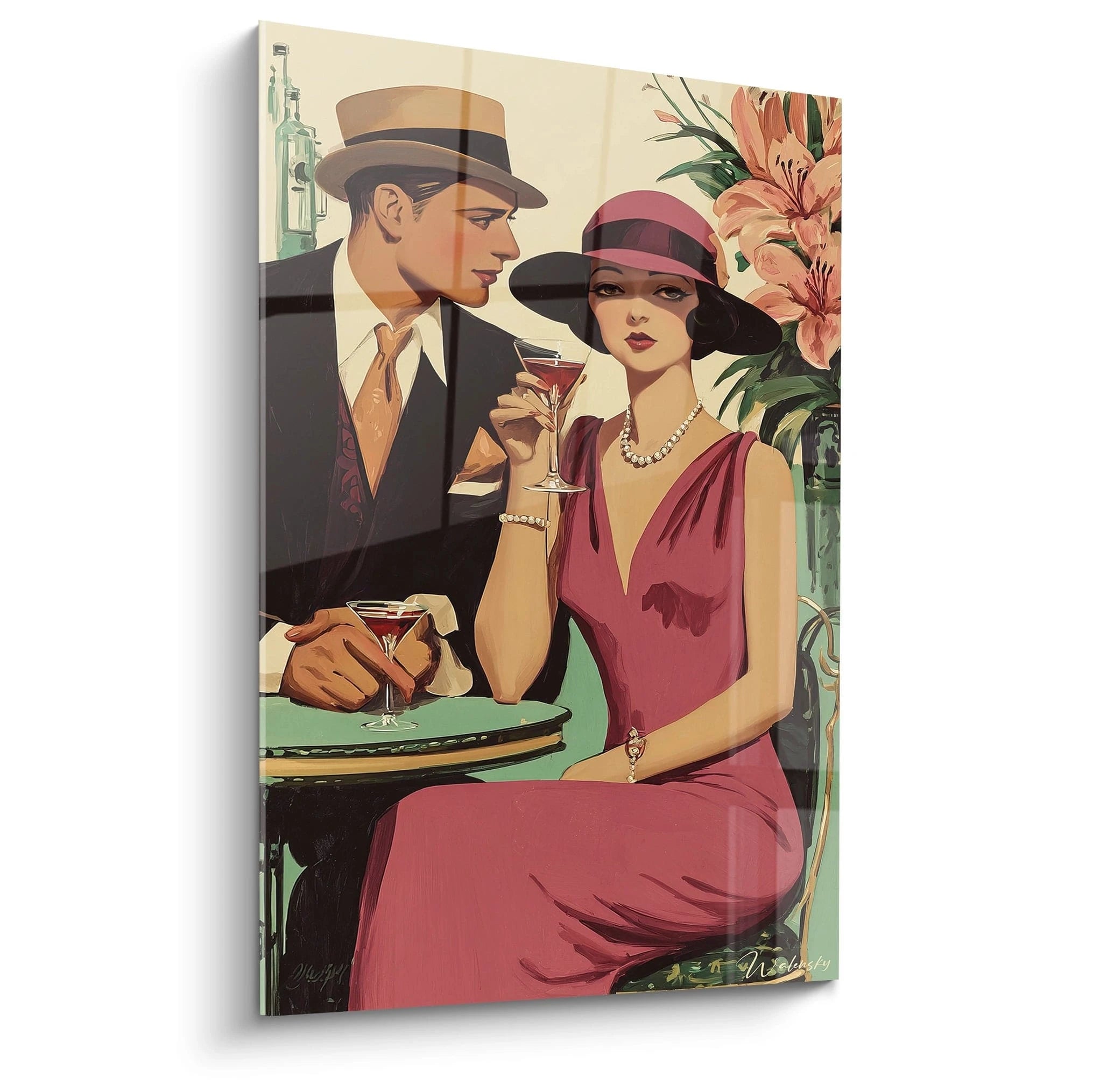 Tableau mural couple rétro dans un bar élégant des années 1920 avec des cocktails