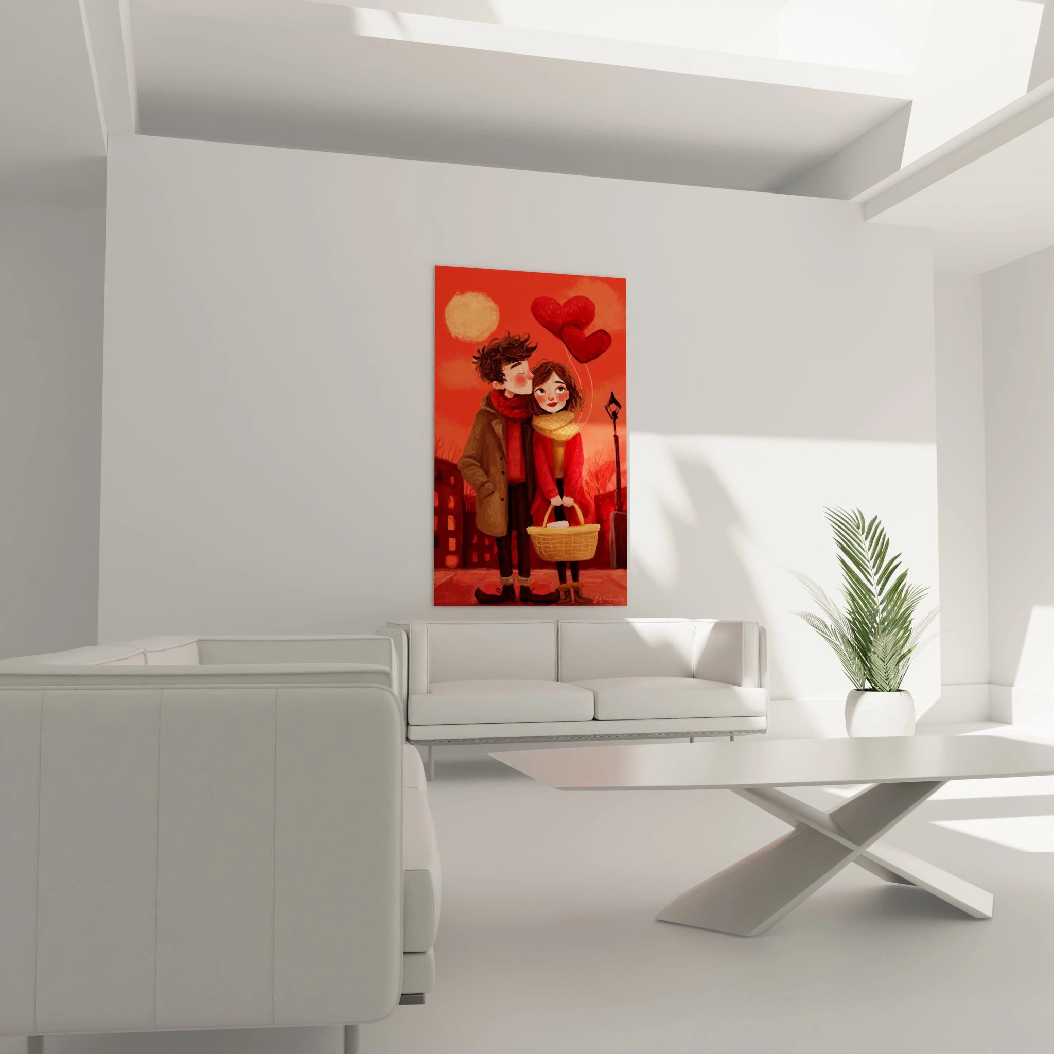 Tableau mural Walensky montrant un tableau couple romantique saint valentin avec couple en manteaux rouges tenant un panier