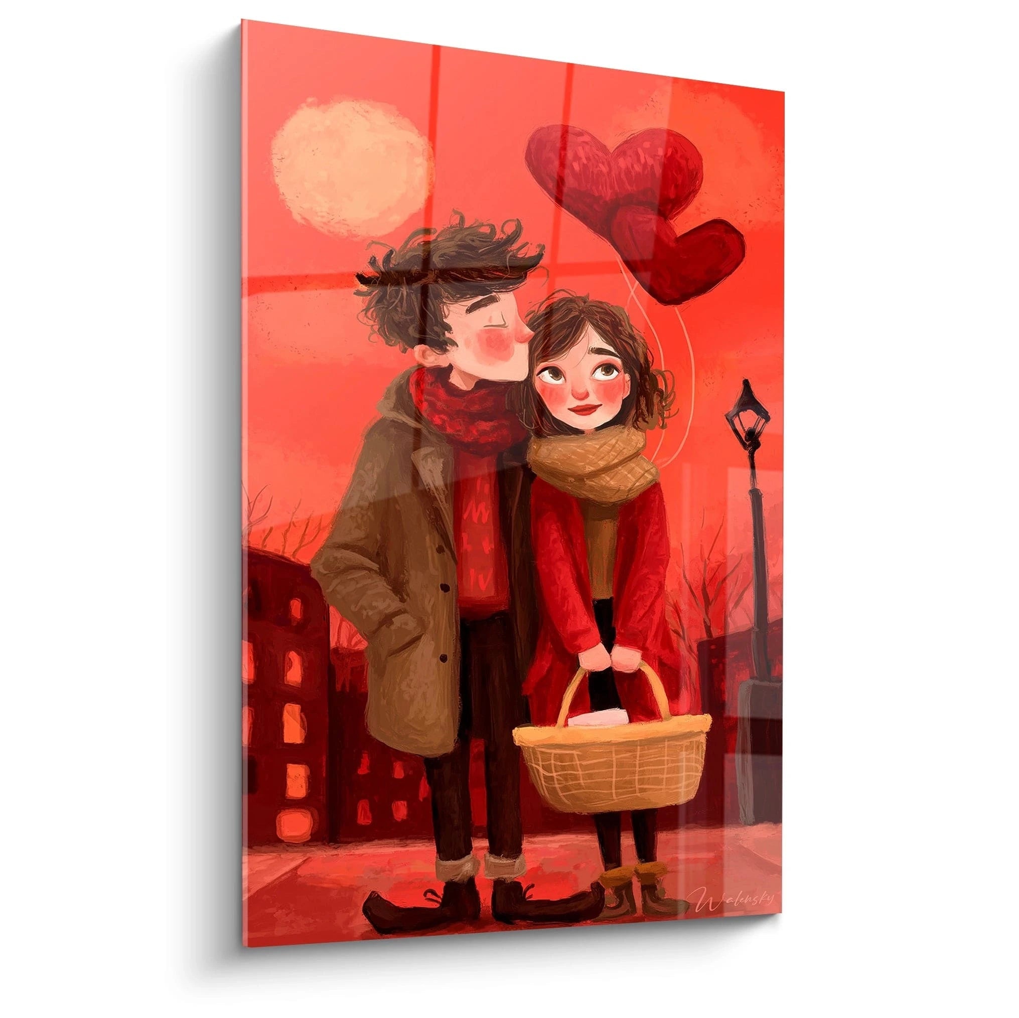 tableau couple romantique saint valentin Walensky illustration murale rouge dun couple emmitoufle avec panier et ballons coeur