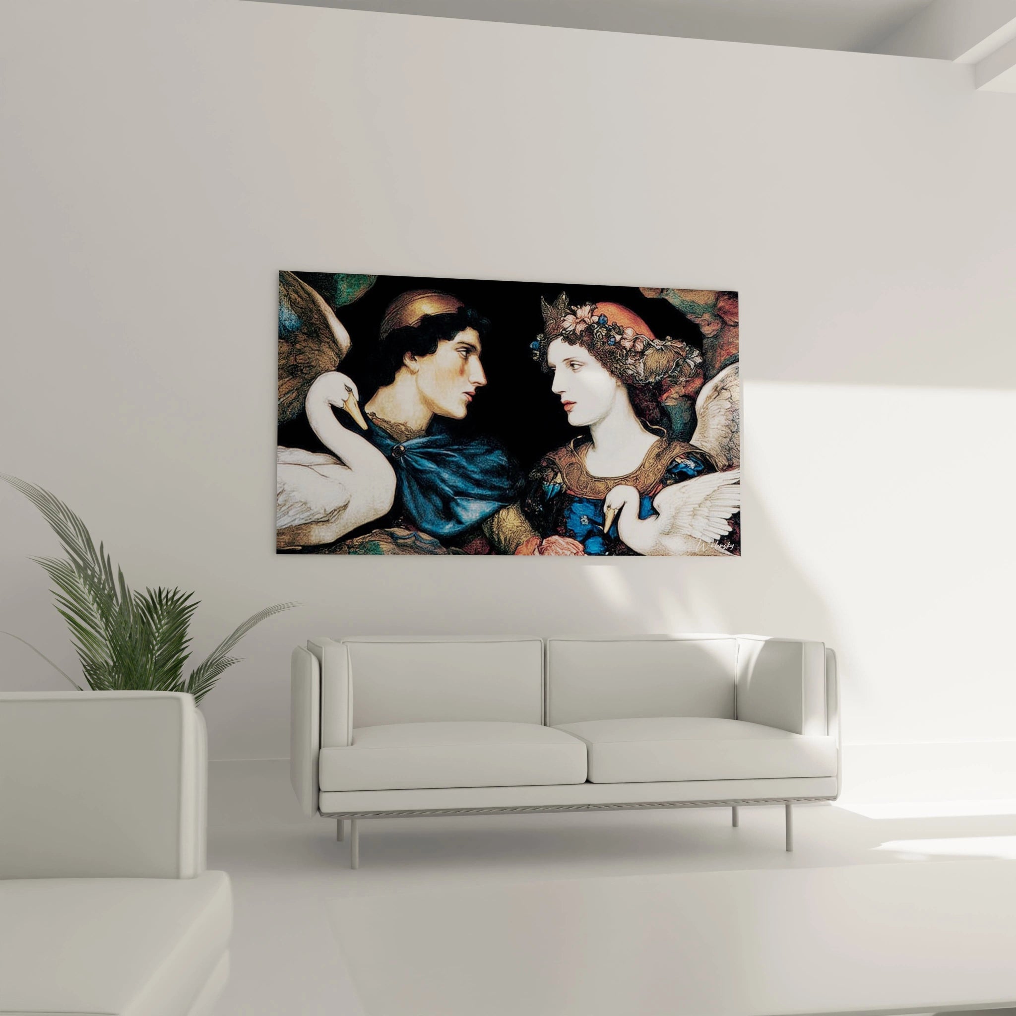 tableau couple cygnes préraphaélite Walensky toile murale romantique pour salon avec deux personnages et cygnes
