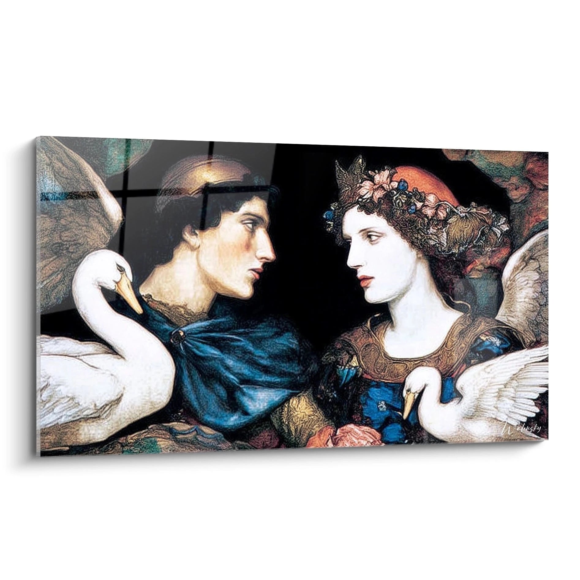 Tableau mural Walensky tableau couple cygnes préraphaélite représentant deux amants ailés entourés de cygnes sur fond sombre