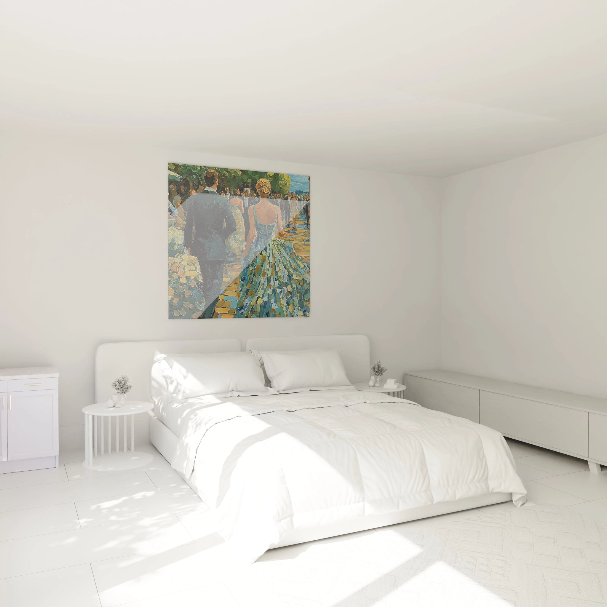 Tableau mural couple élégant de Walensky dans une chambre lumineuse avec lit blanc