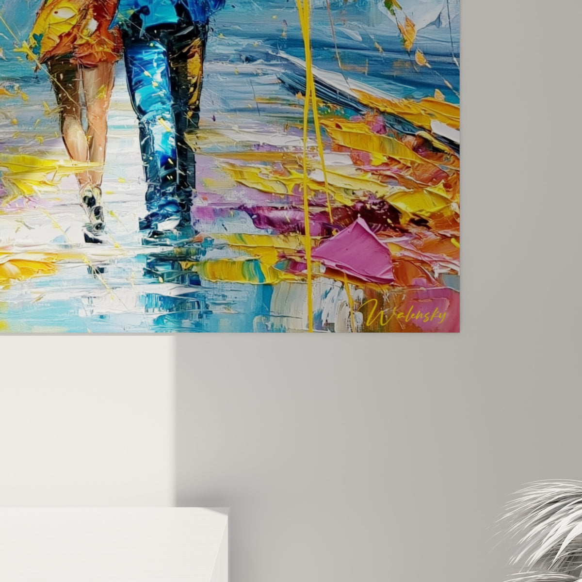 Empâtements épais de peinture dorée et bleue, coulures pourpres et grain texturé du feuillage automnal