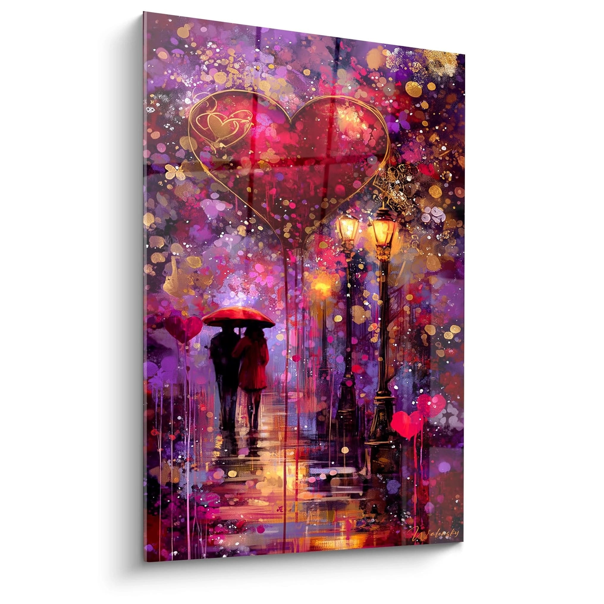 Walensky tableau couple amoureux saint valentin peinture murale romantique couple sous parapluie lampadaires violets