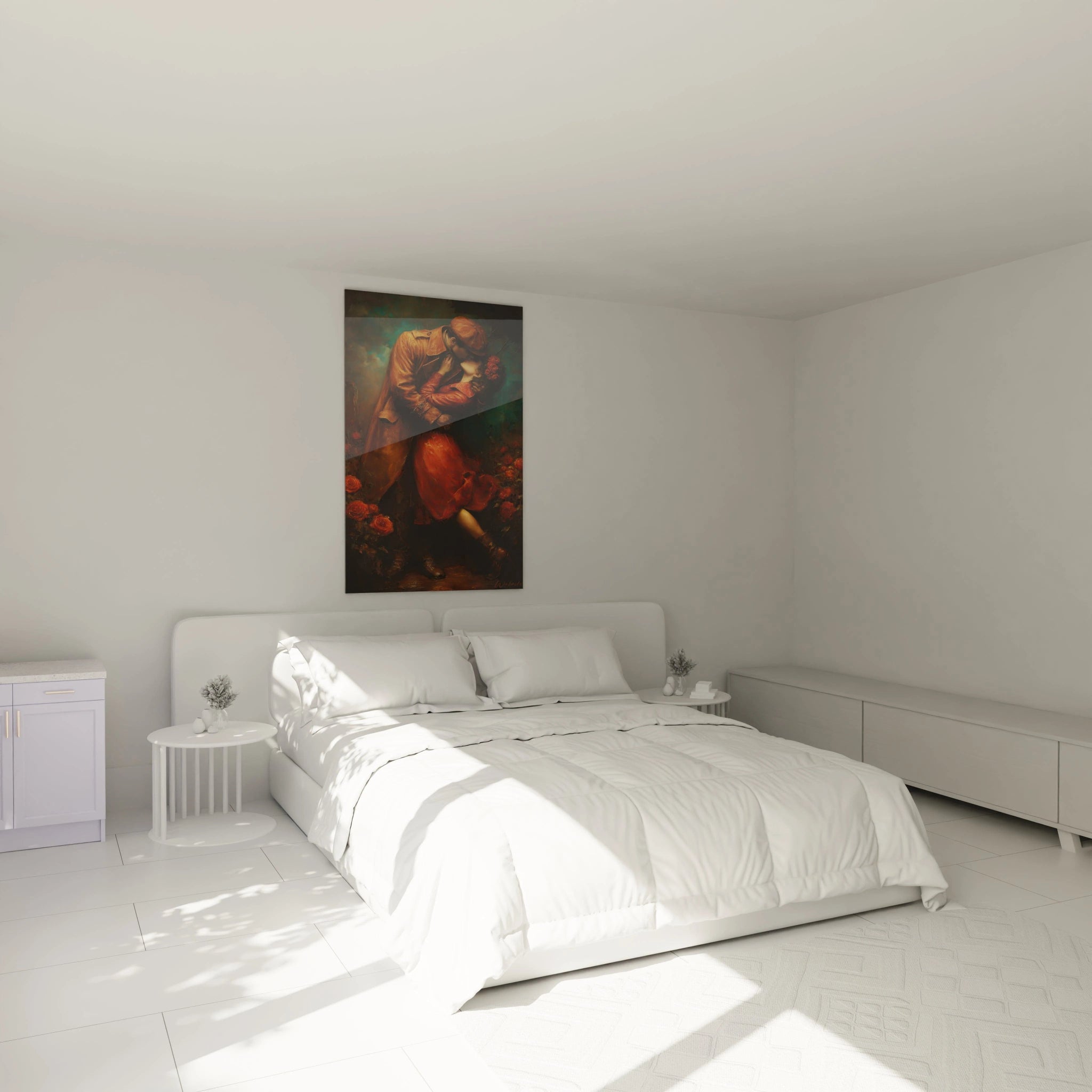 tableau romantique couple Walensky accroche au dessus d un lit blanc minimaliste dans une chambre lumineuse et epuree