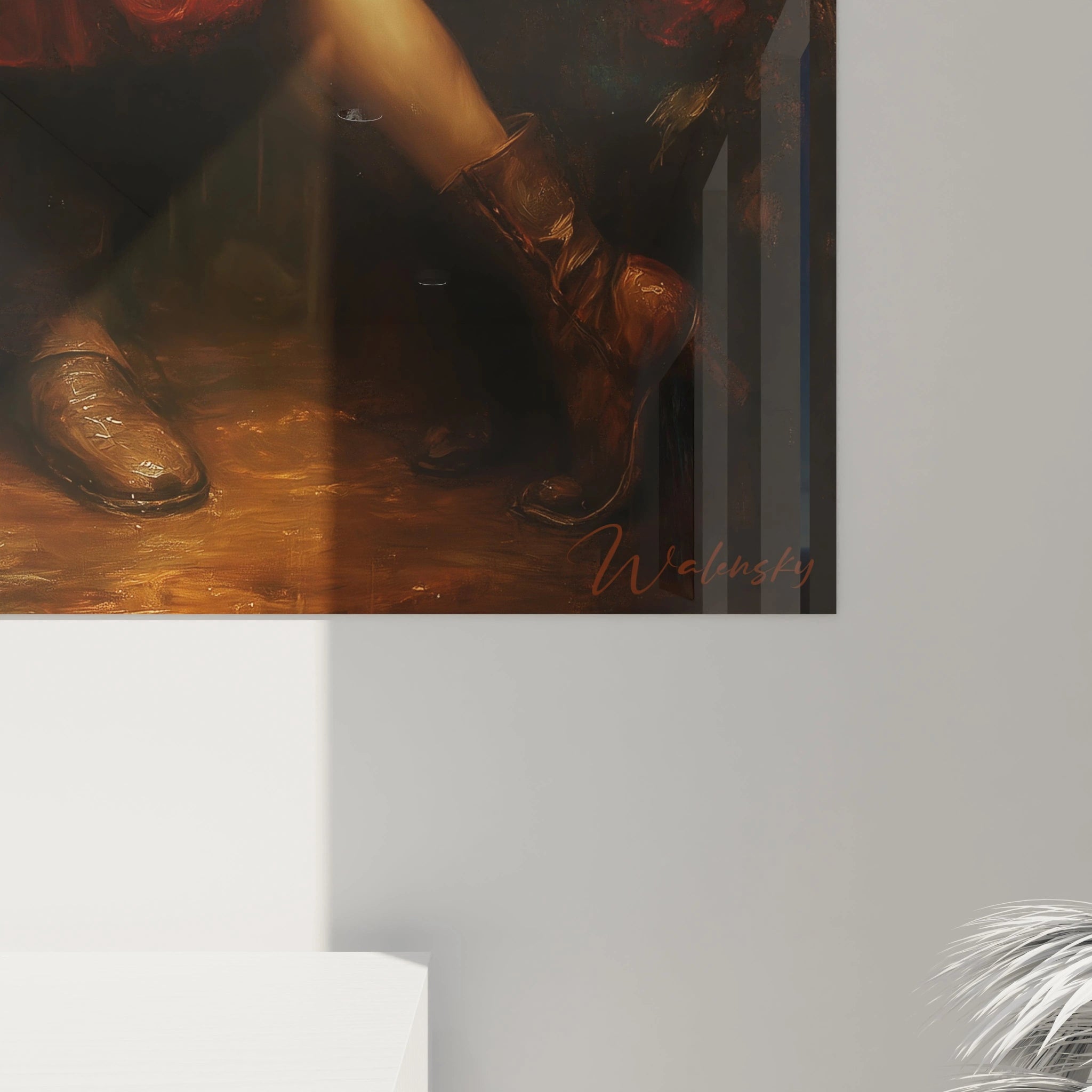 Tableau mural Walensky montrant bottes et jambes d'un couple intime sous lumière chaude décoration murale tableau romantique couple