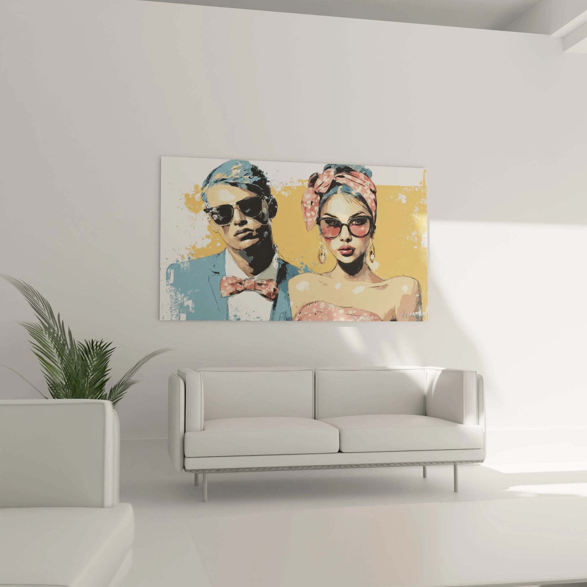 Tableau mural couple style années 50 avec des couleurs vives et un décor rétro